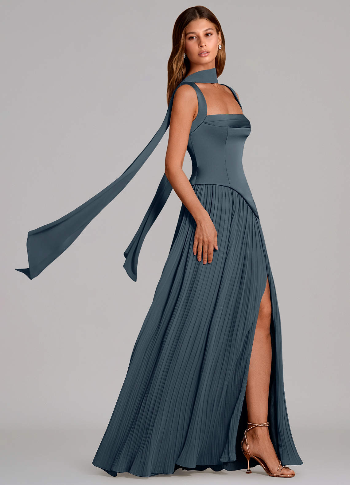Stephanie A-Line Square-Neck Stretch Satin and Chiffon Bridesmaid Dress in Twilight