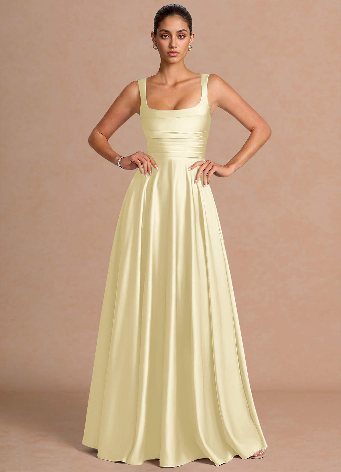 Azaria A-Line Square-Neck Stretch Satin Wedding Guest Dress in Haze blue