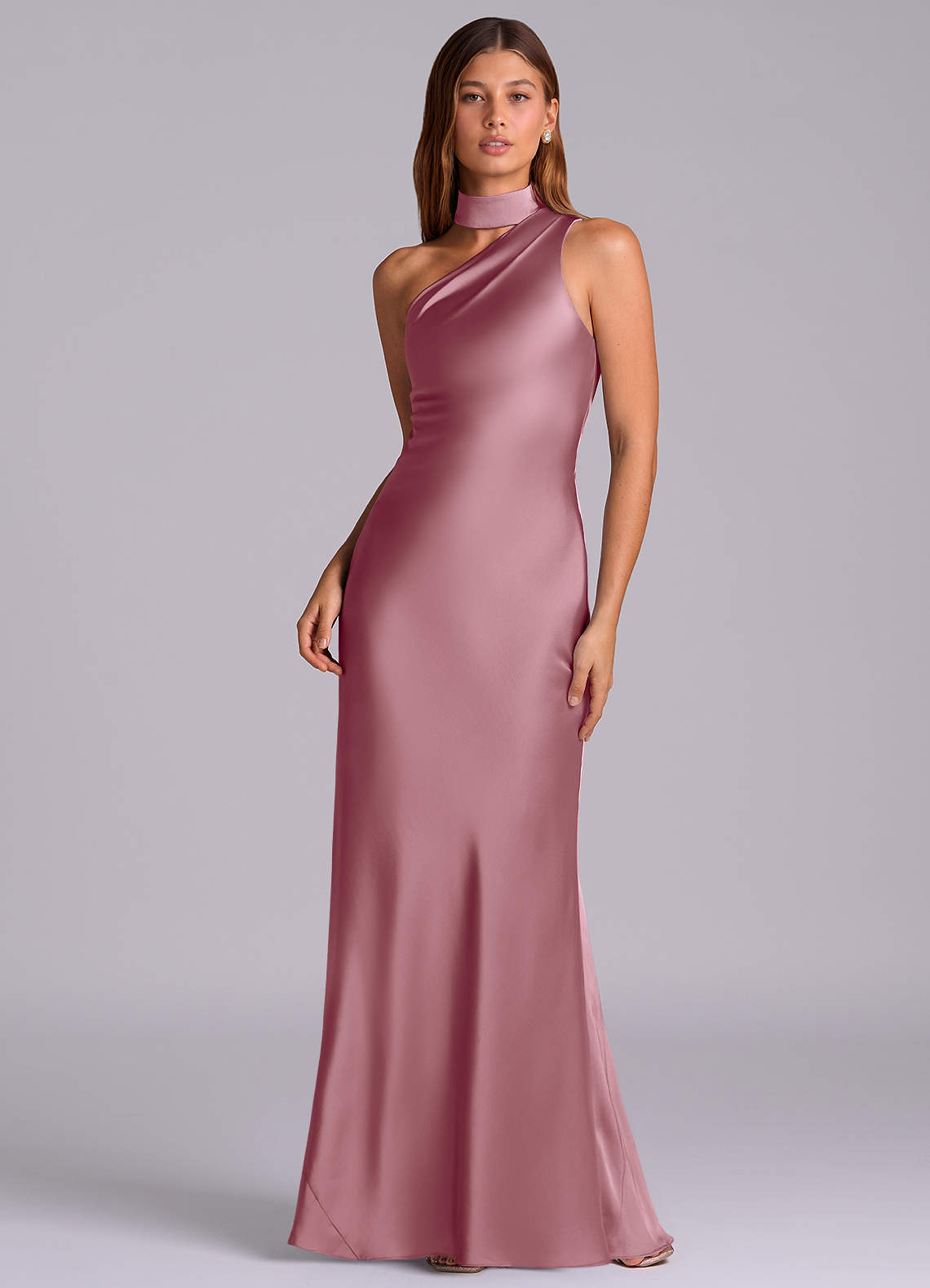 Seona Mermaid One-Shoulder Stretch Satin and Tulle Bridesmaid Dress in Vintage Mauve