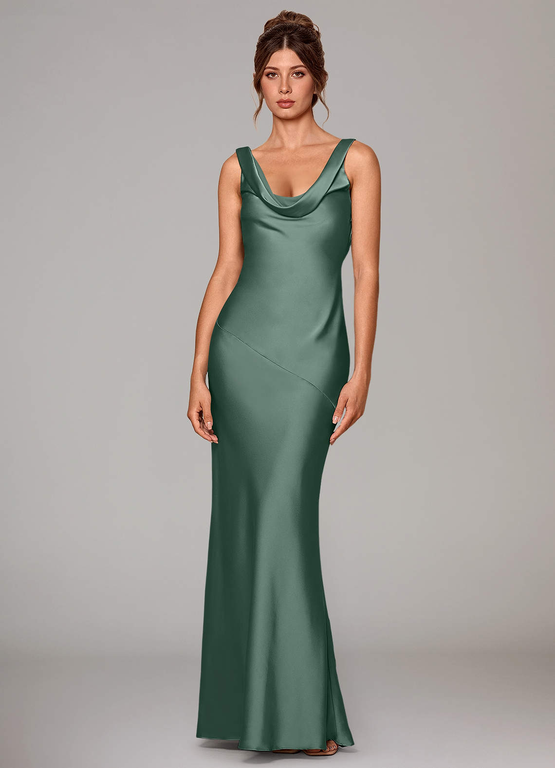 Rylina Mermaid Cowl-Neck Stretch Satin Bridesmaid Dress in Eucalyptus