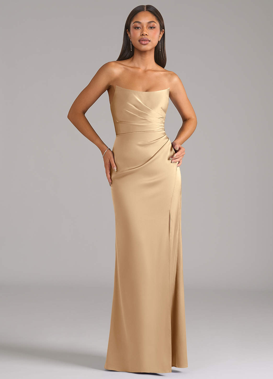 Marla Sheath Strapless Stretch Satin Bridesmaid Dress in Champagne