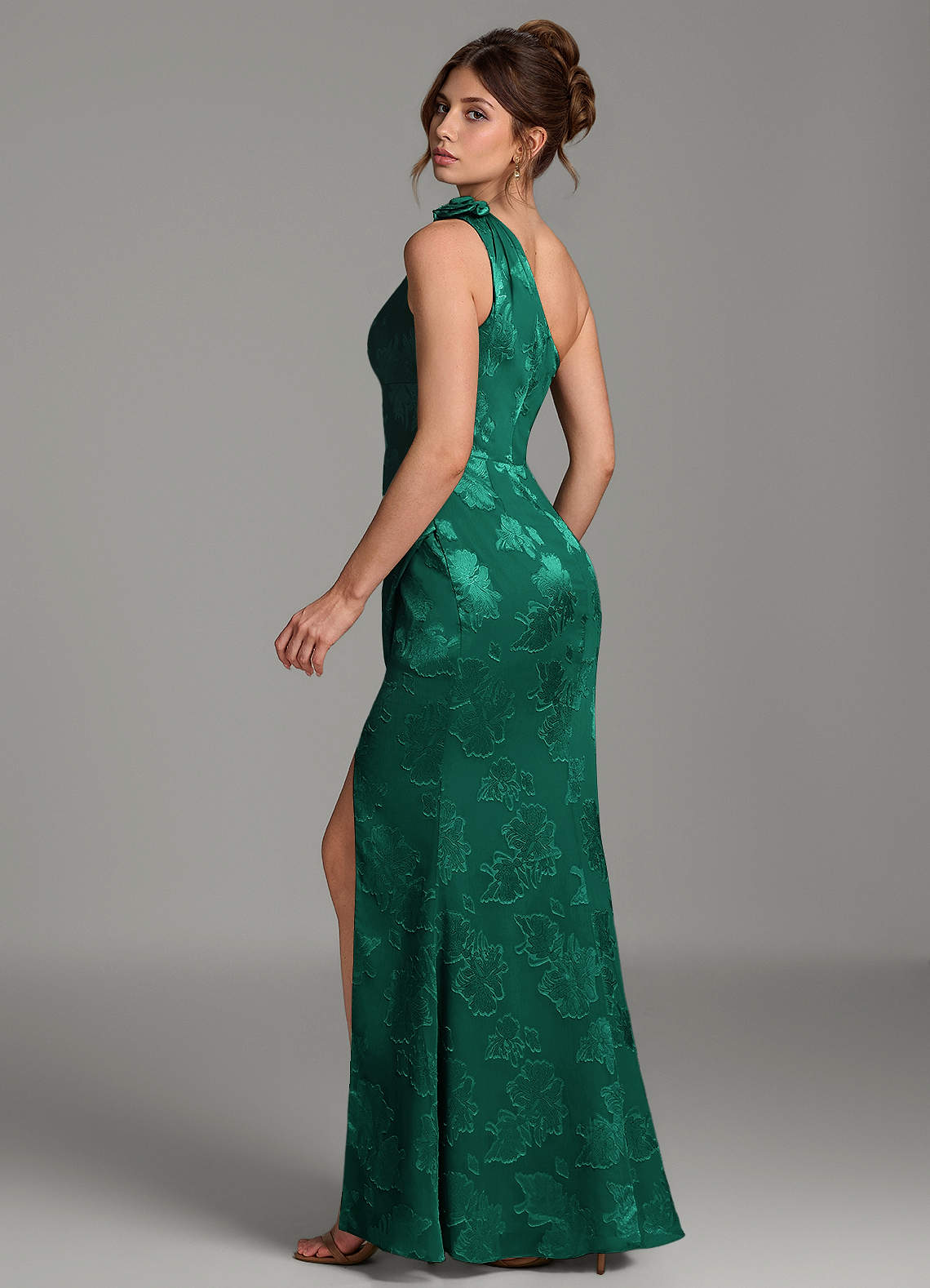 Yanie Mermaid One-Shoulder Jacquard Bridesmaid Dress in Emerald