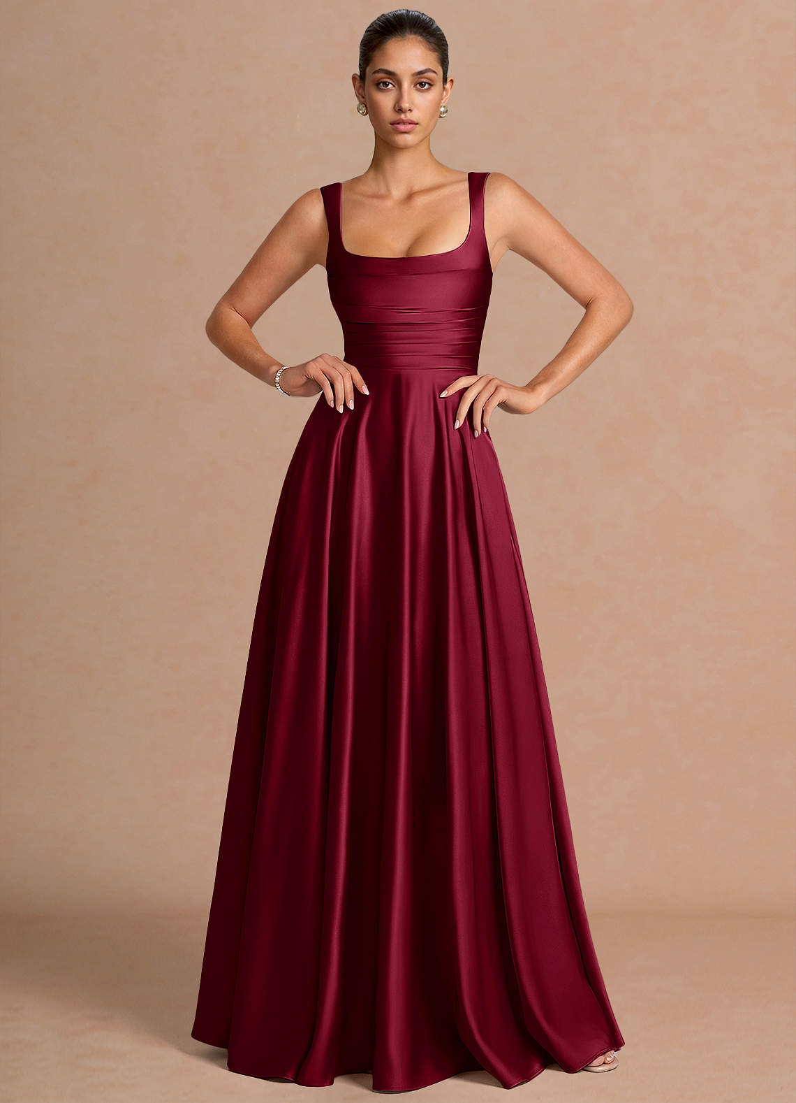 Azaria A-Line Square-Neck Stretch Satin Wedding Guest Dress in Merlot
