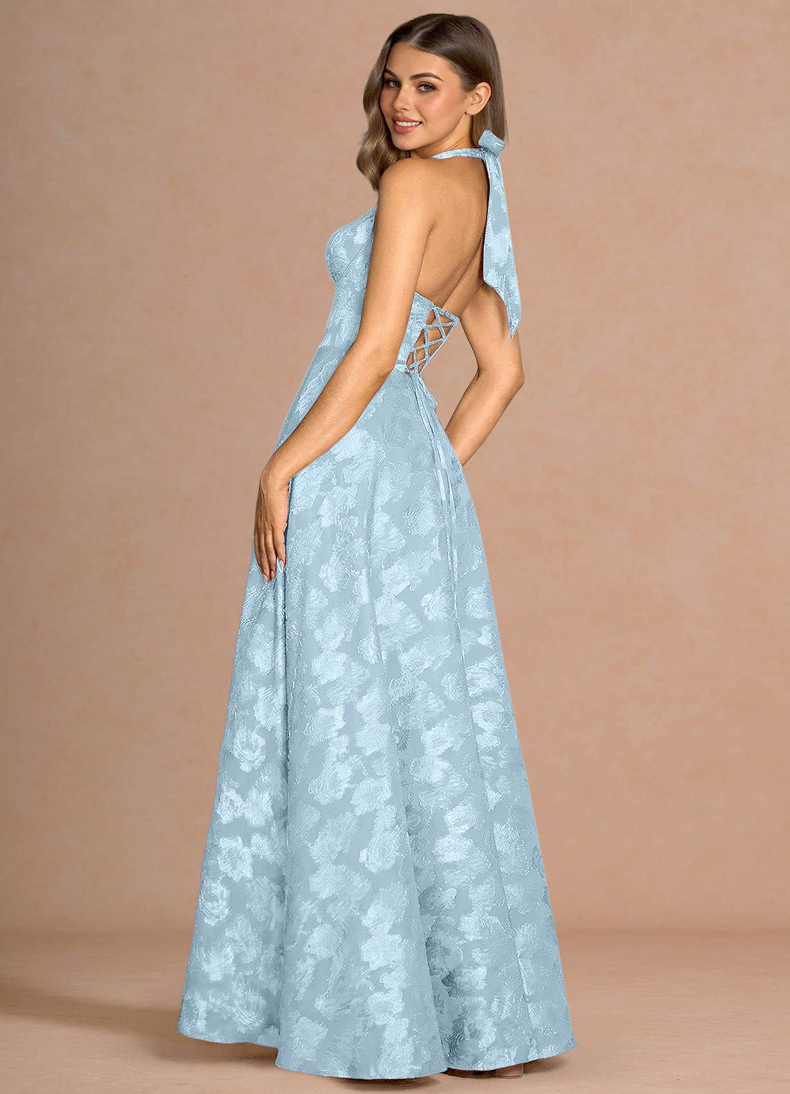 Isabeau A-Line V-Neck Fil Coupé Evening Dress in Powder Blue