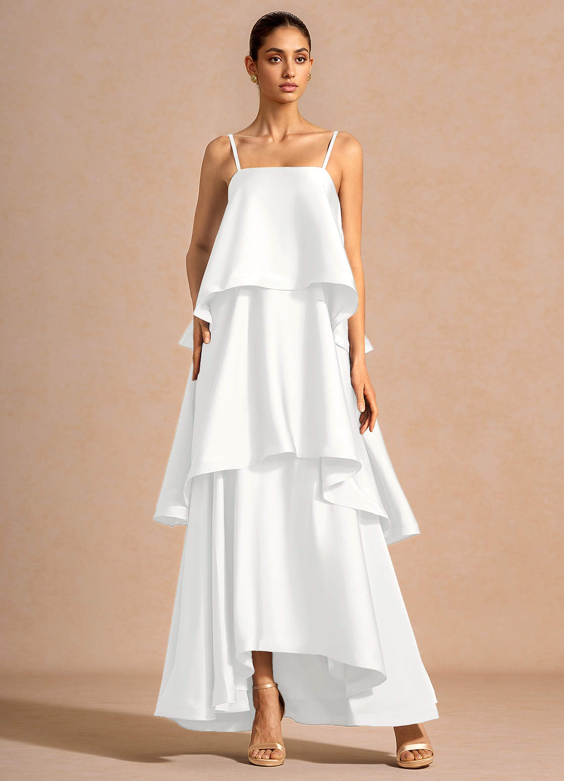 Itasca A-Line Tiered Stretch Satin Wedding Guest Dress in White