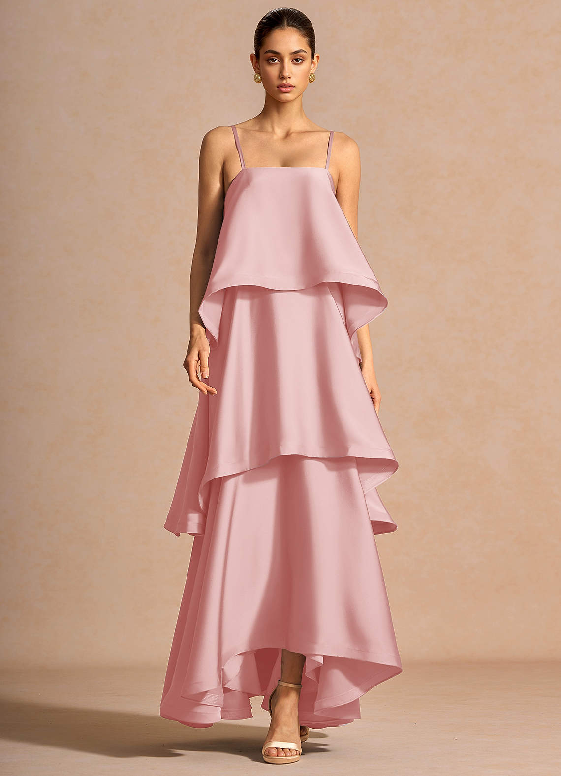 Itasca A-Line Tiered Stretch Satin Wedding Guest Dress in Haze Pink