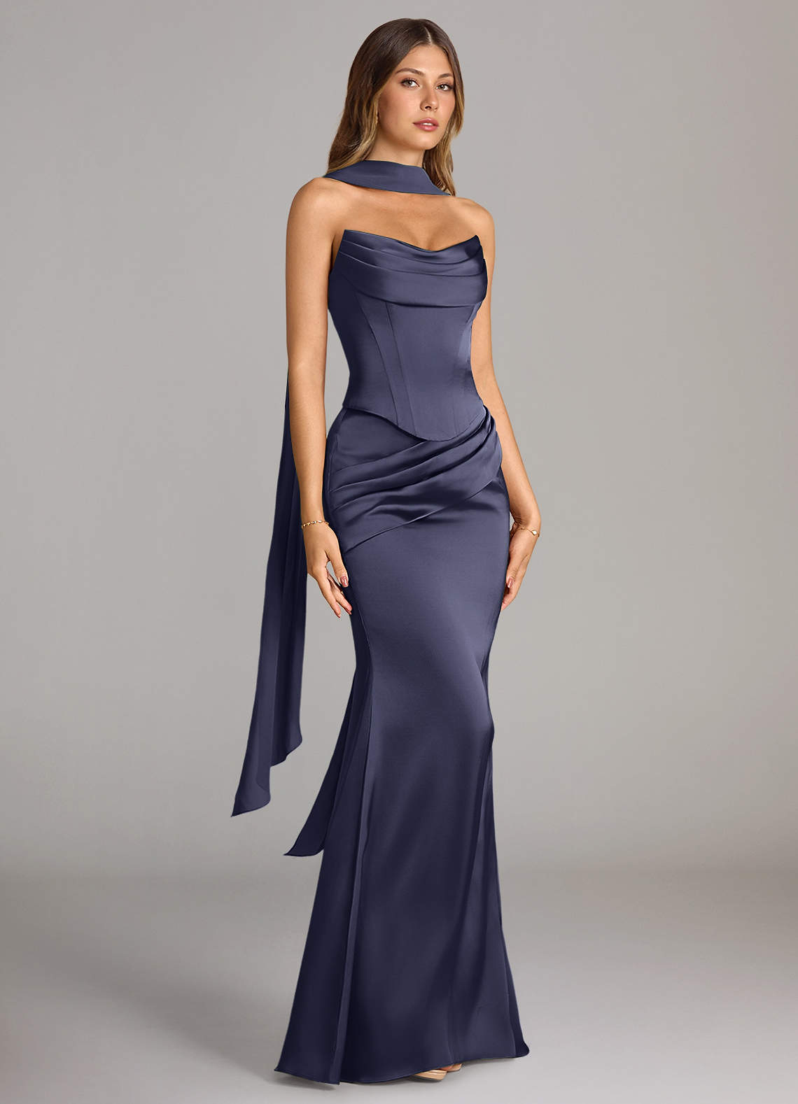 Sorrel Mermaid Cowl-Neck Stretch Satin and Chiffon Bridesmaid Dress in Stormy