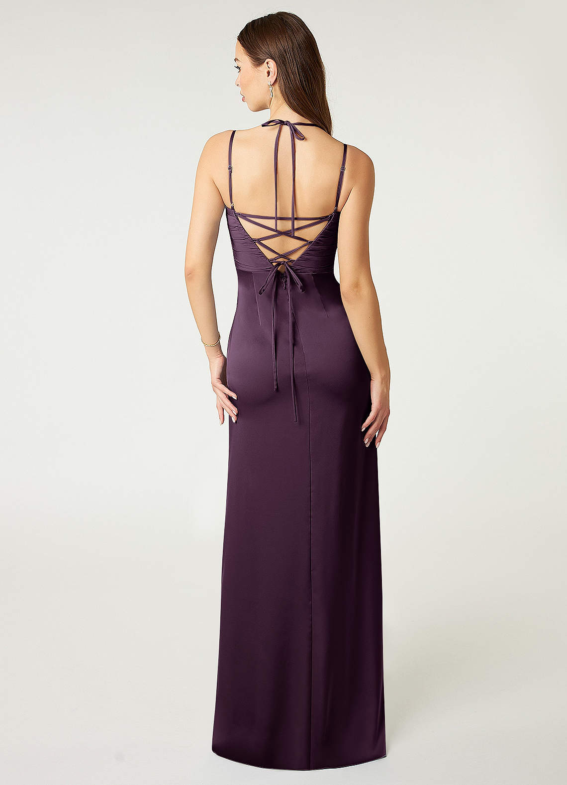 Desi Sheath Halter Stretch Satin Bridesmaid Dress in Plum