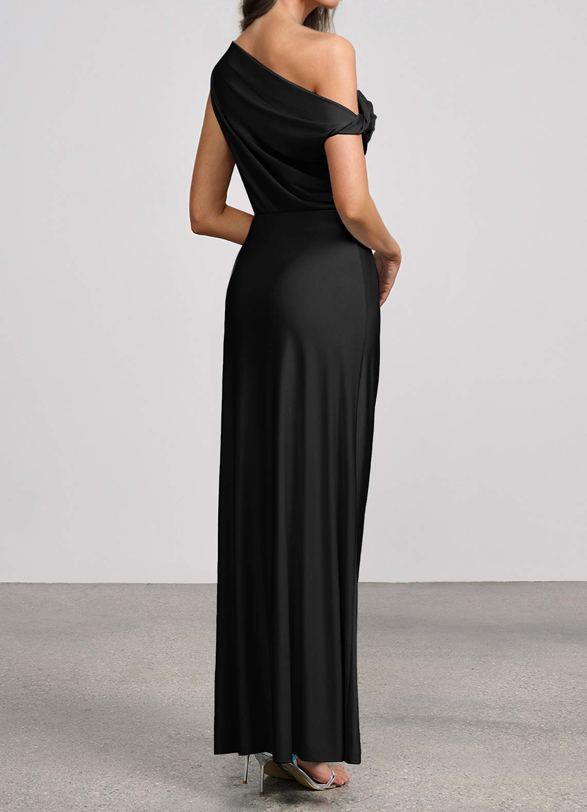 Elowen Mermaid One-Shoulder Glossy Knit Evening Dress in black