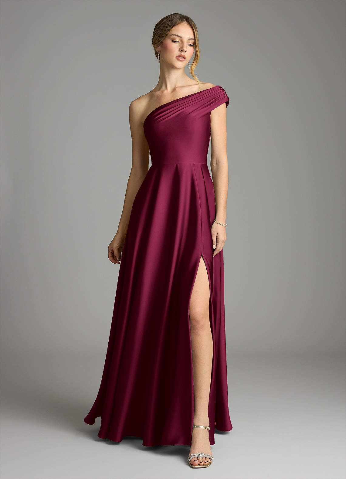 Melanie A-Line One-Shoulder Stretch Satin Bridesmaid Dress in Burgundy