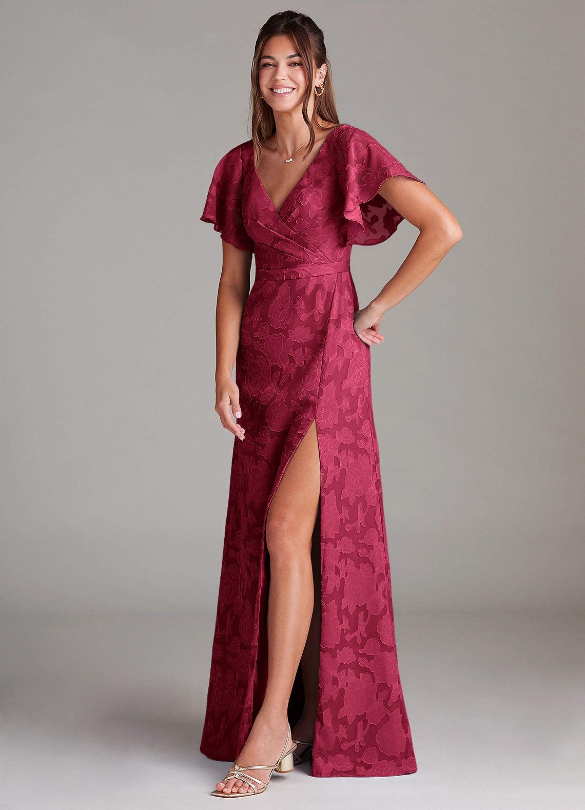 Ambrosia A-Line V-Neck Floral Burnout Bridesmaid Dress in Burgundy
