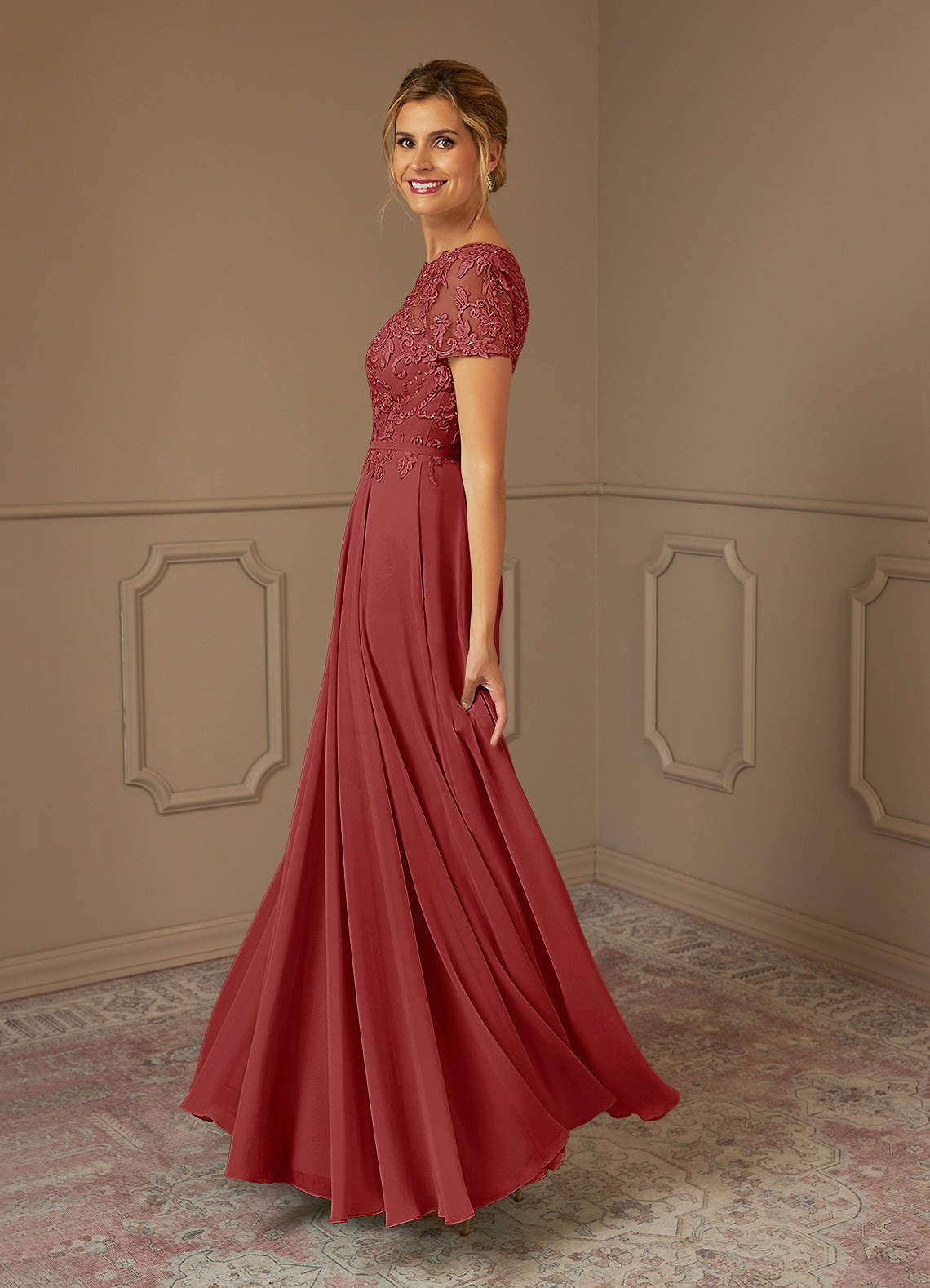 Adina A-Line Boat-Neck Chiffon Mother of the Bride Dress in Rust
