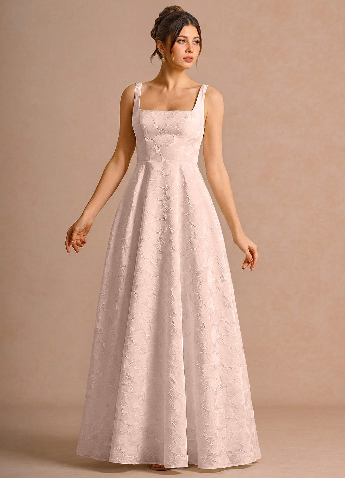 Effie A-Line Square-Neck Jacquard Evening Dress in Baby Pink