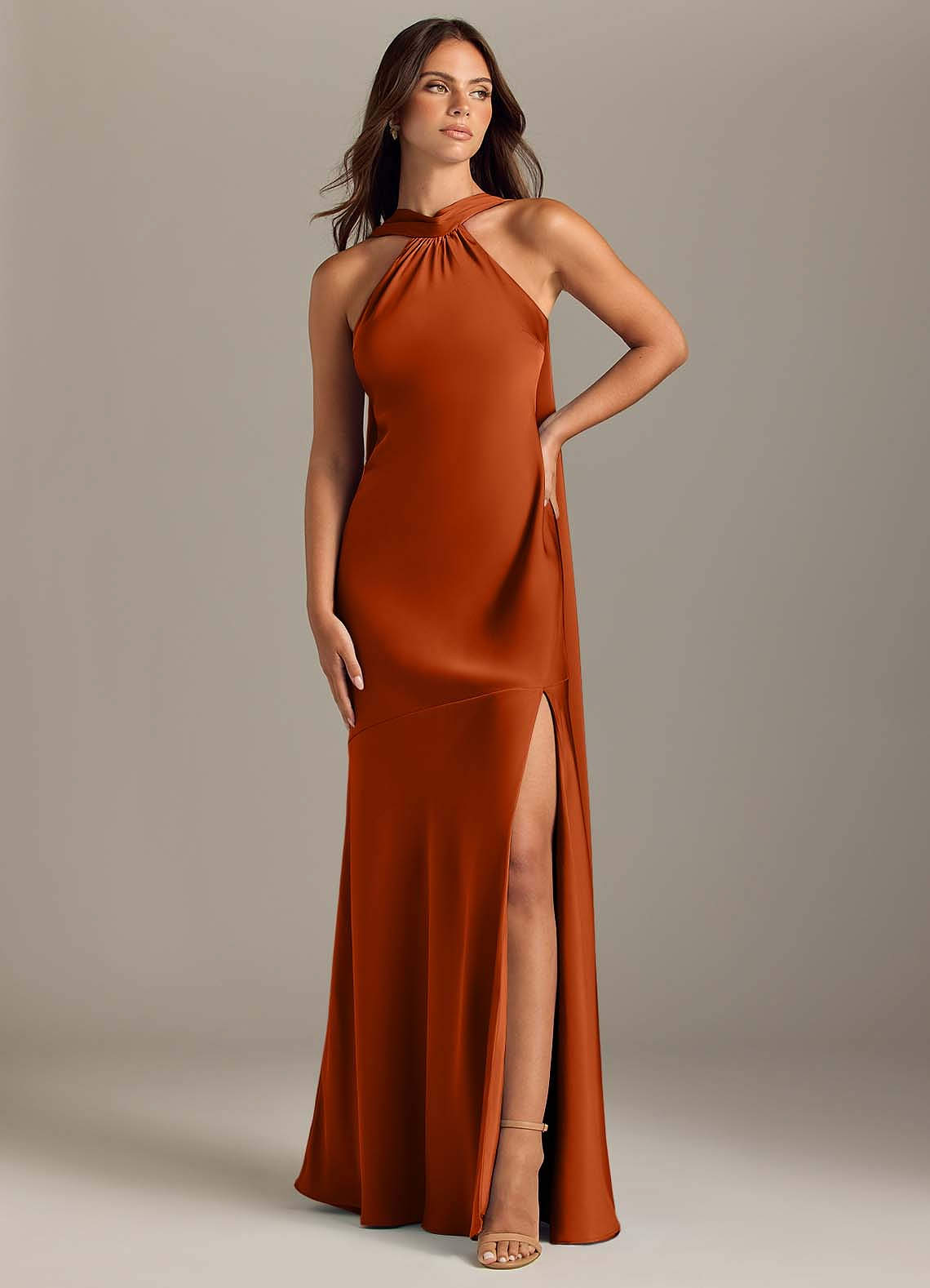 Kinsley Mermaid Halter Stretch Satin Bridesmaid Dress in Burnt Orange