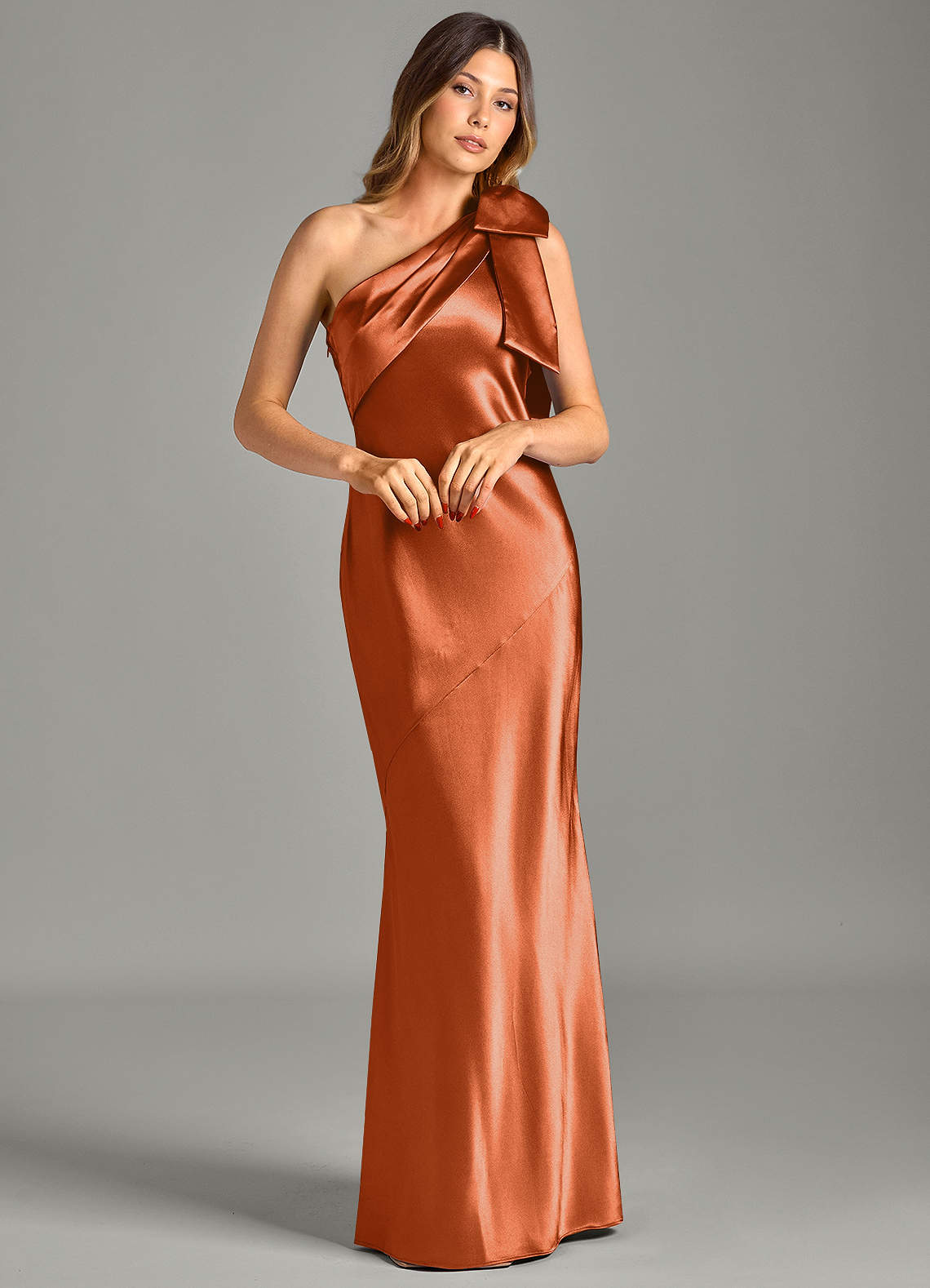 Yuanna Mermaid One-Shoulder Metallic Satin Bridesmaid Dress in Burnt Orange