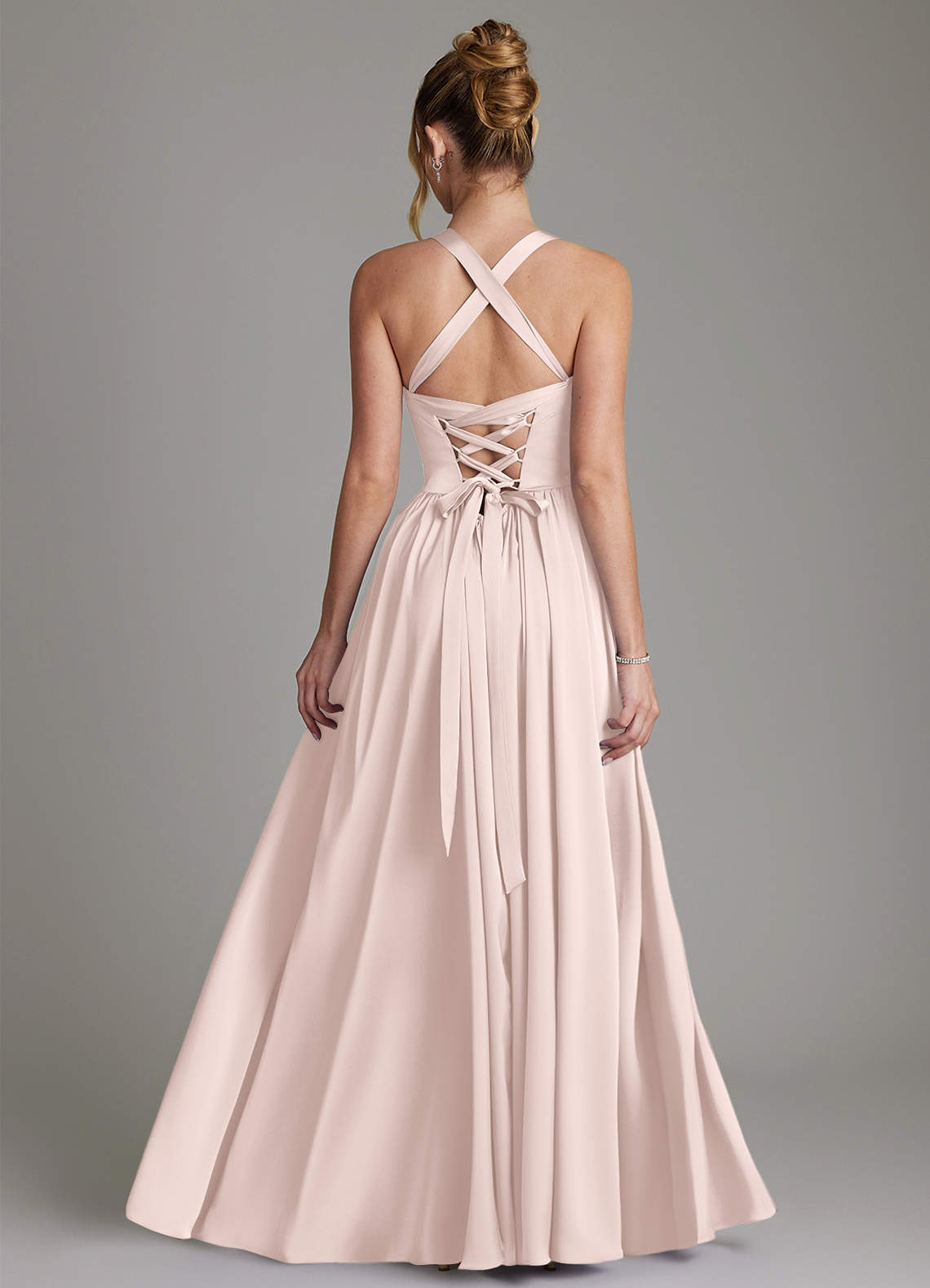 Francis A-Line V-Neck Stretch Satin Bridesmaid Dress in Blushing Pink