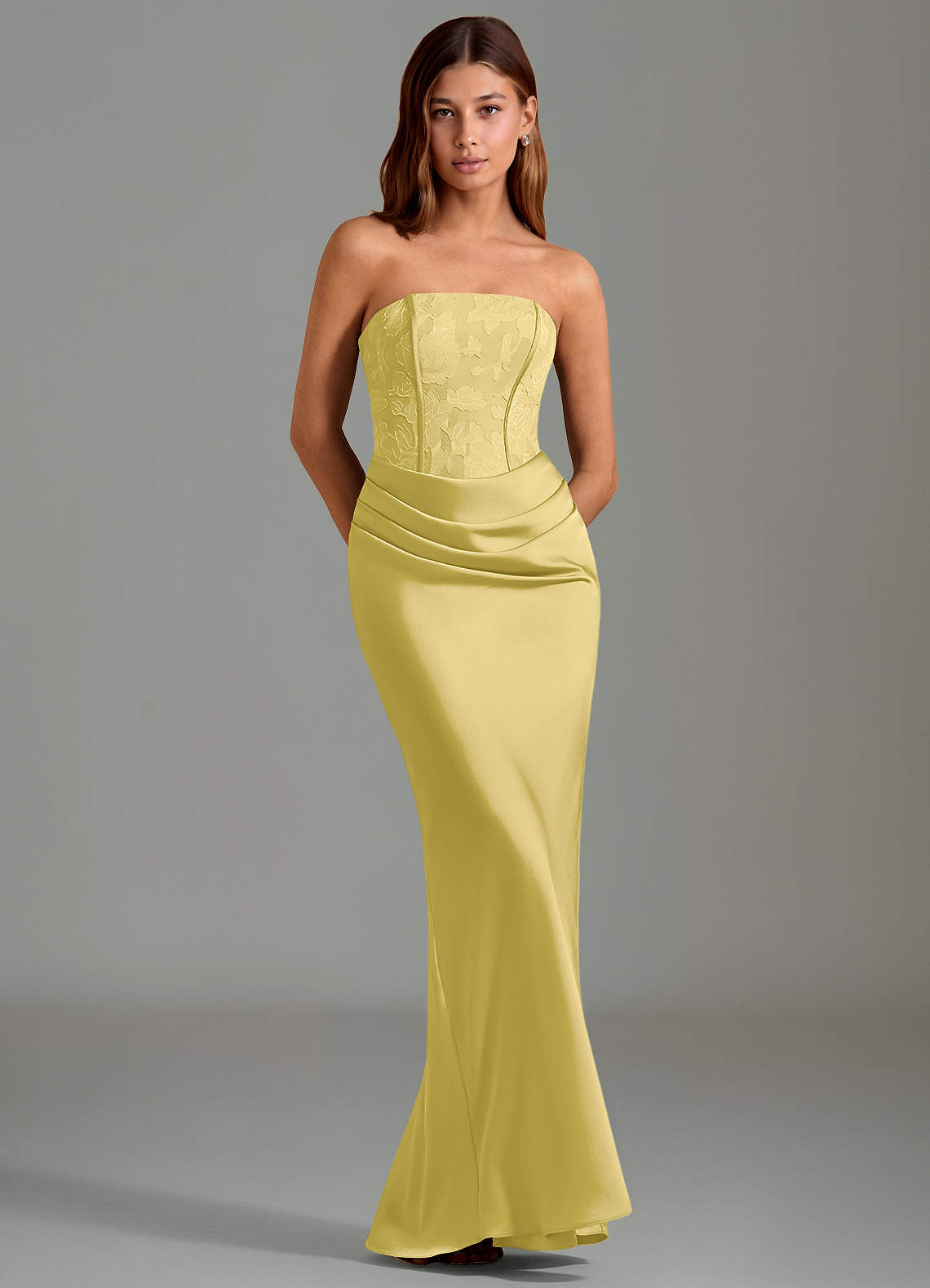 Emilia Mermaid Strapless Stretch Satin and Floral Burnout Bridesmaid Dress in Canary