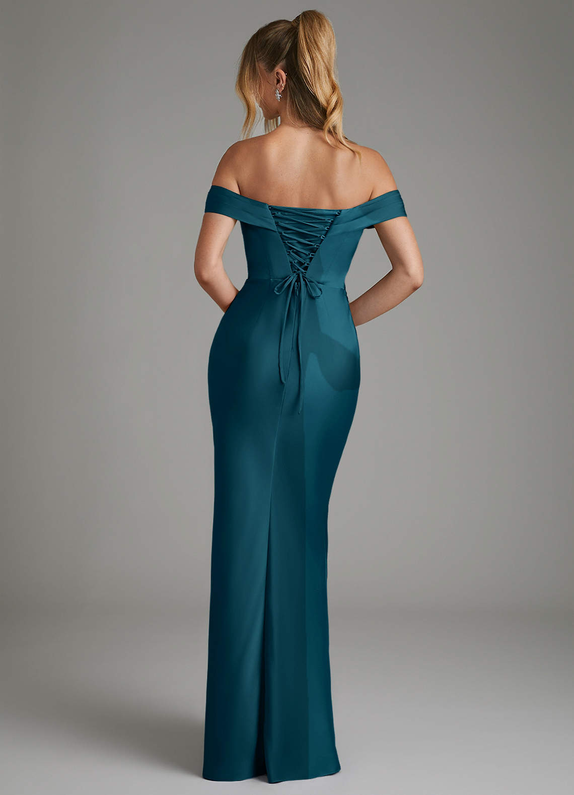 Hayden Mermaid Off-the-Shoulder Stretch Satin Bridesmaid Dress in Ink Blue