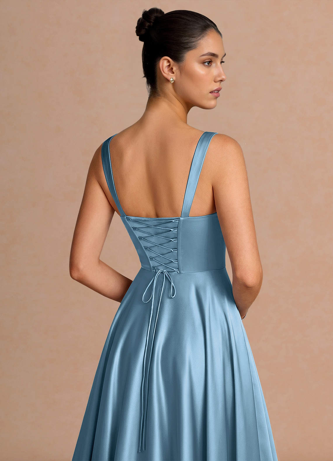 Azaria A-Line Square-Neck Stretch Satin Wedding Guest Dress in Steel Blue