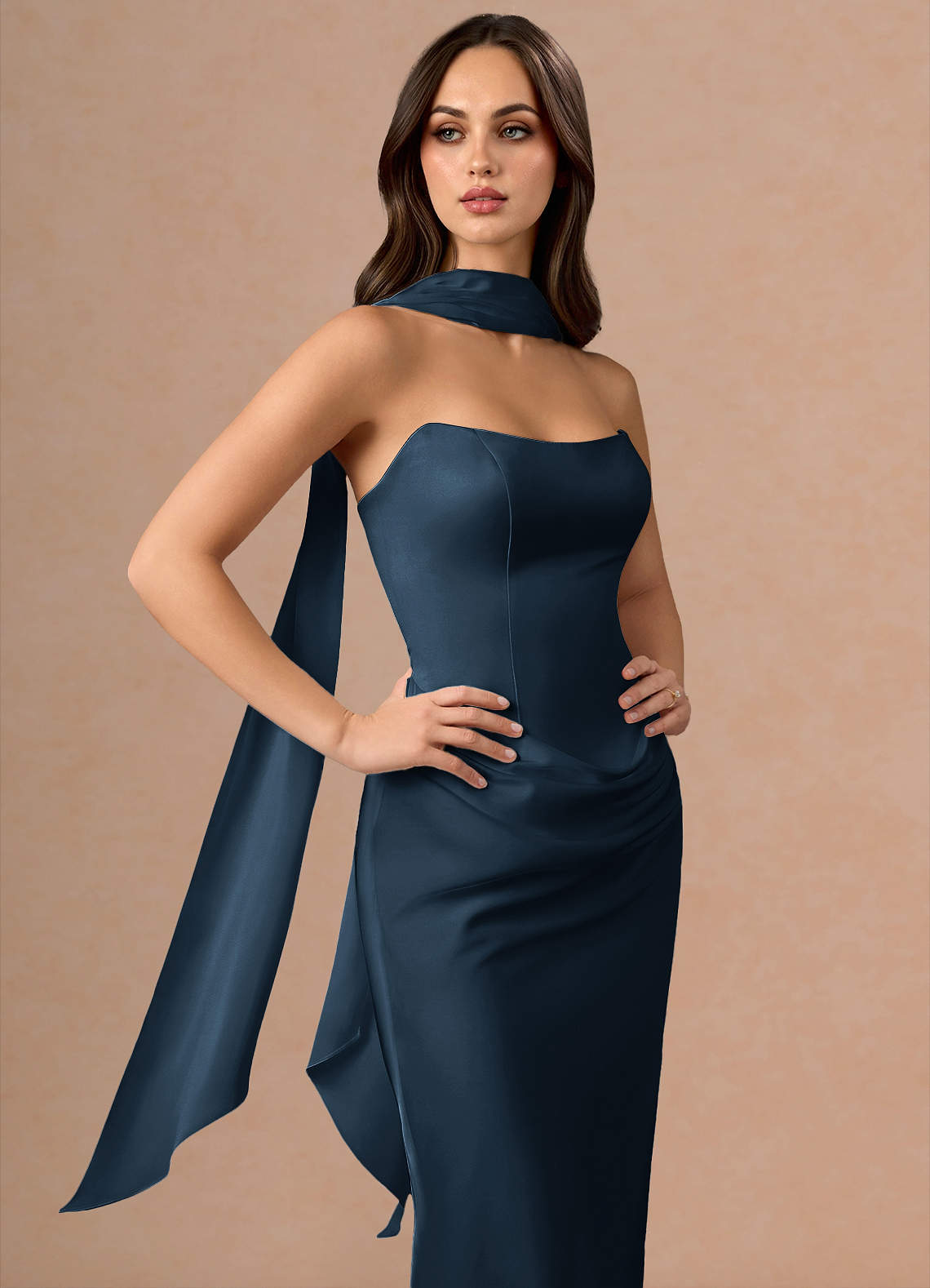 Valencia Scarf Lace-Up Stretch Satin Evening Dress in Navy