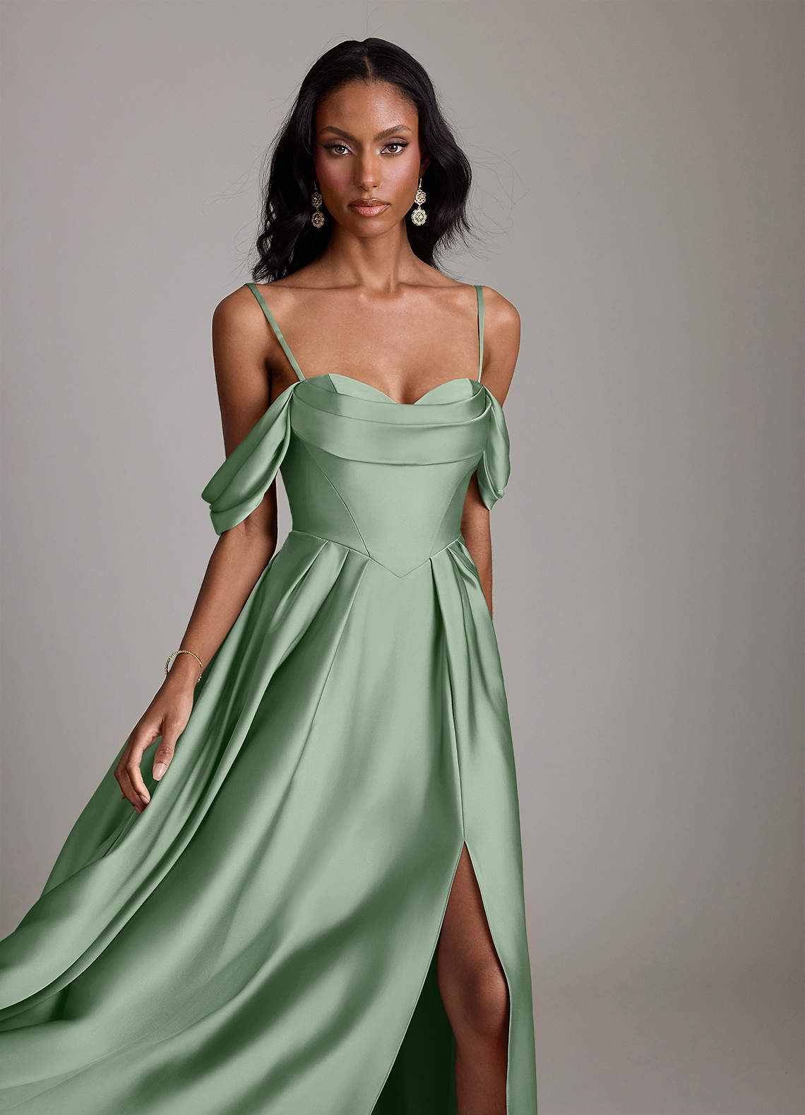 Loisa A-Line Off-the-Shoulder Stretch Satin Bridesmaid Dress in Matcha