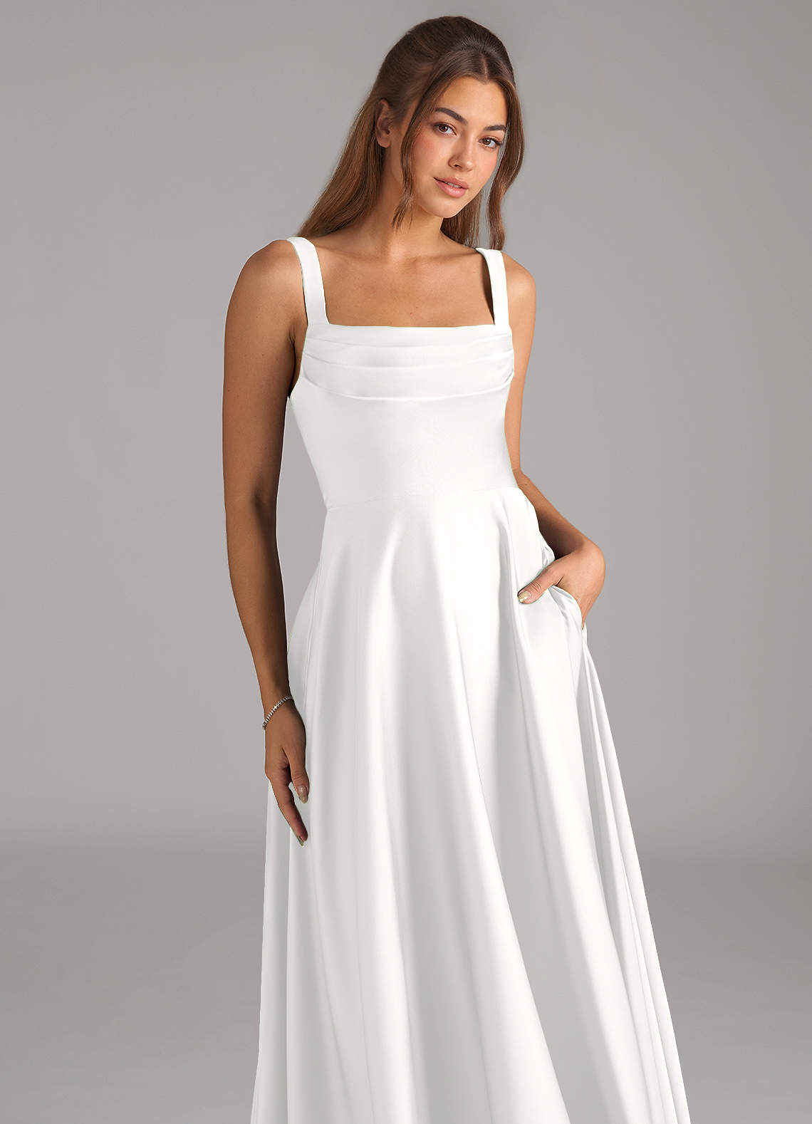 Shaude A-Line Square-Neck Stretch Satin Bridesmaid Dress in white