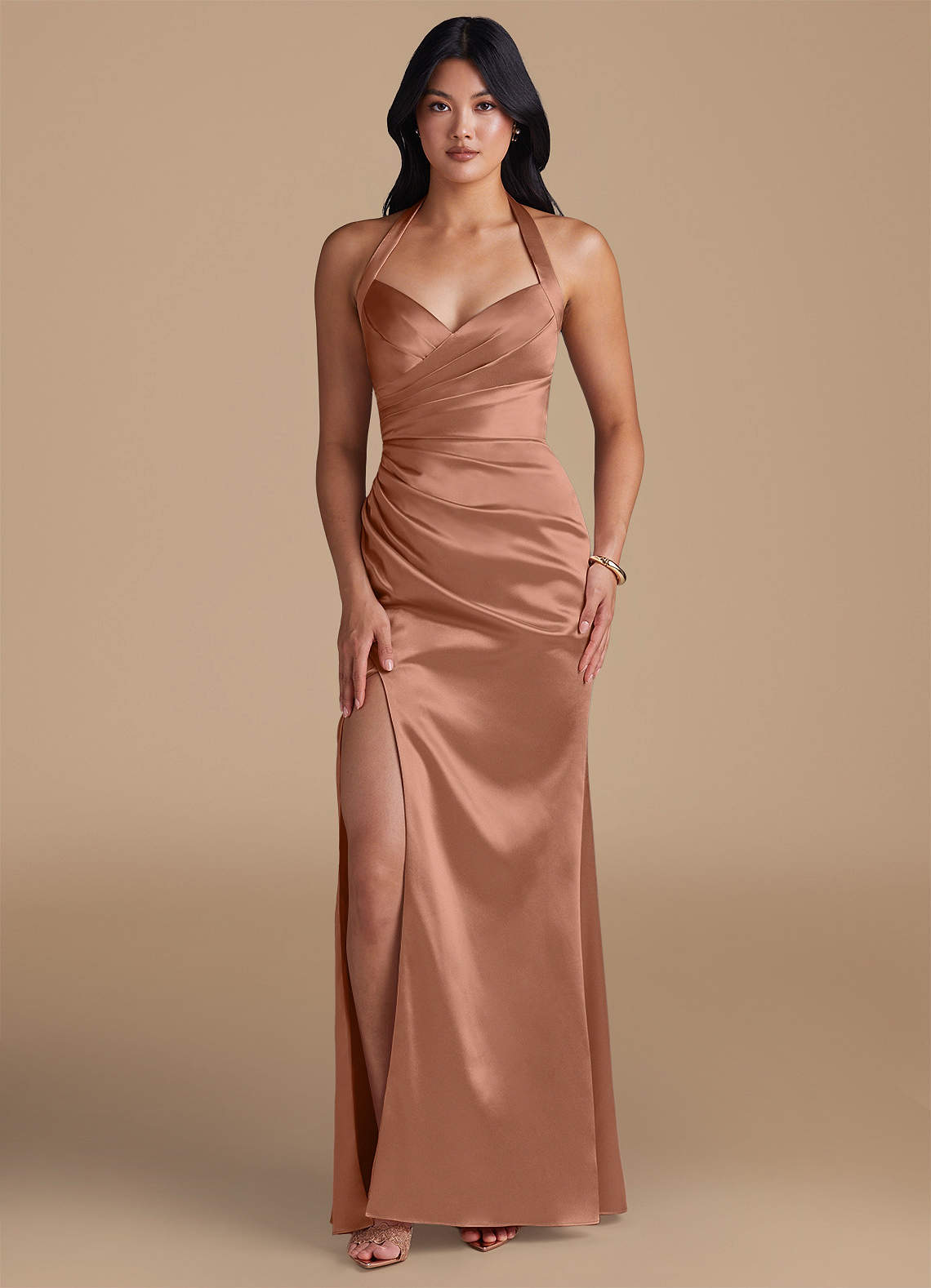 Emeria Sheath Halter Metallic Satin Bridesmaid Dress in Bronzer