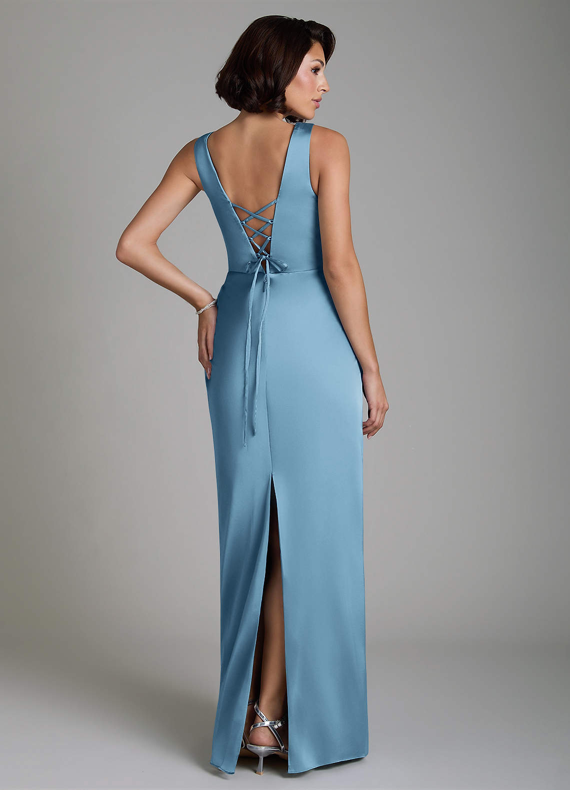 Vanya Sheath V-Neck Stretch Satin Bridesmaid Dress in Steel Blue