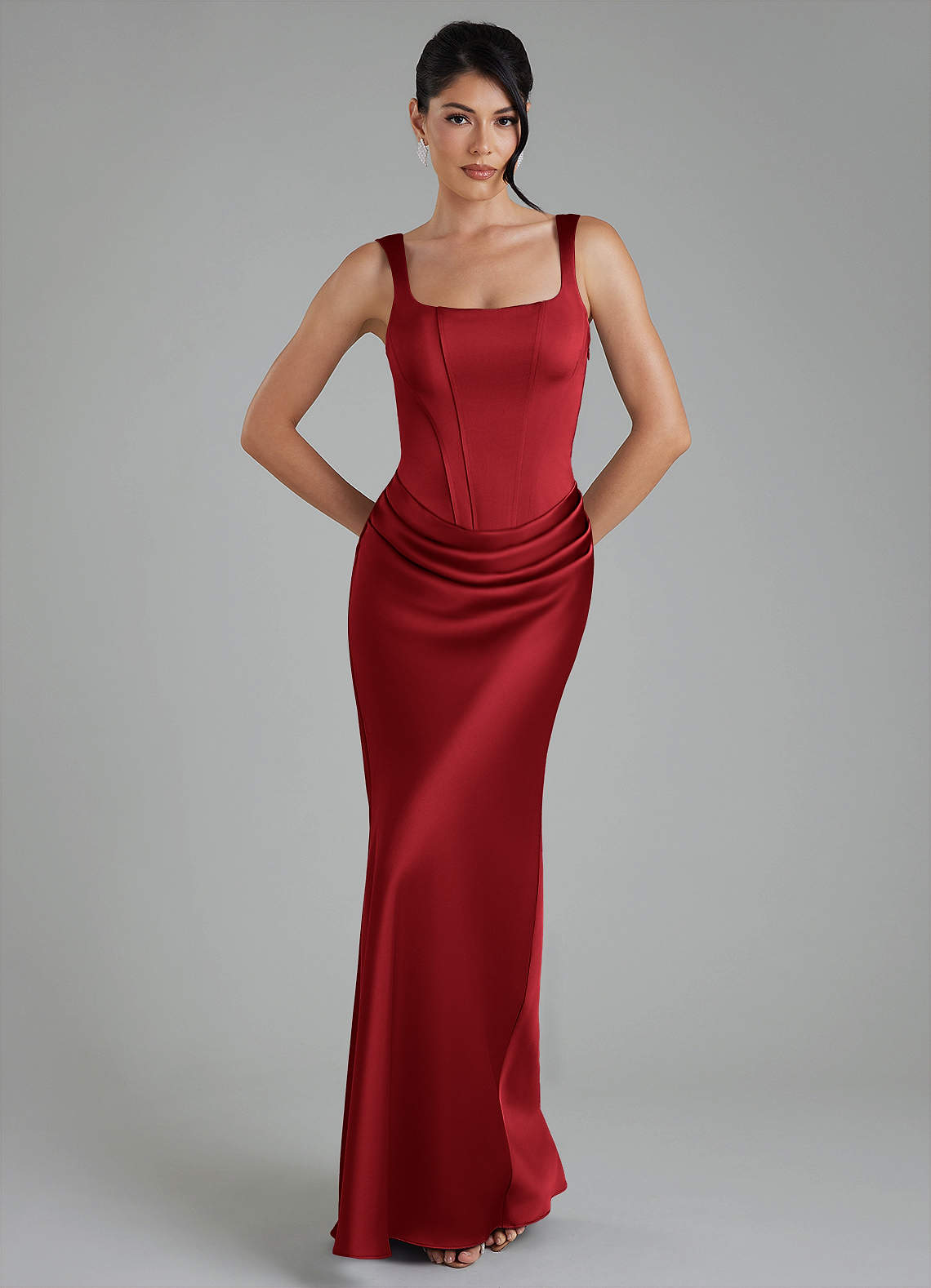 Etta Mermaid Square-Neck Stretch Satin Bridesmaid Dress in Scarlet