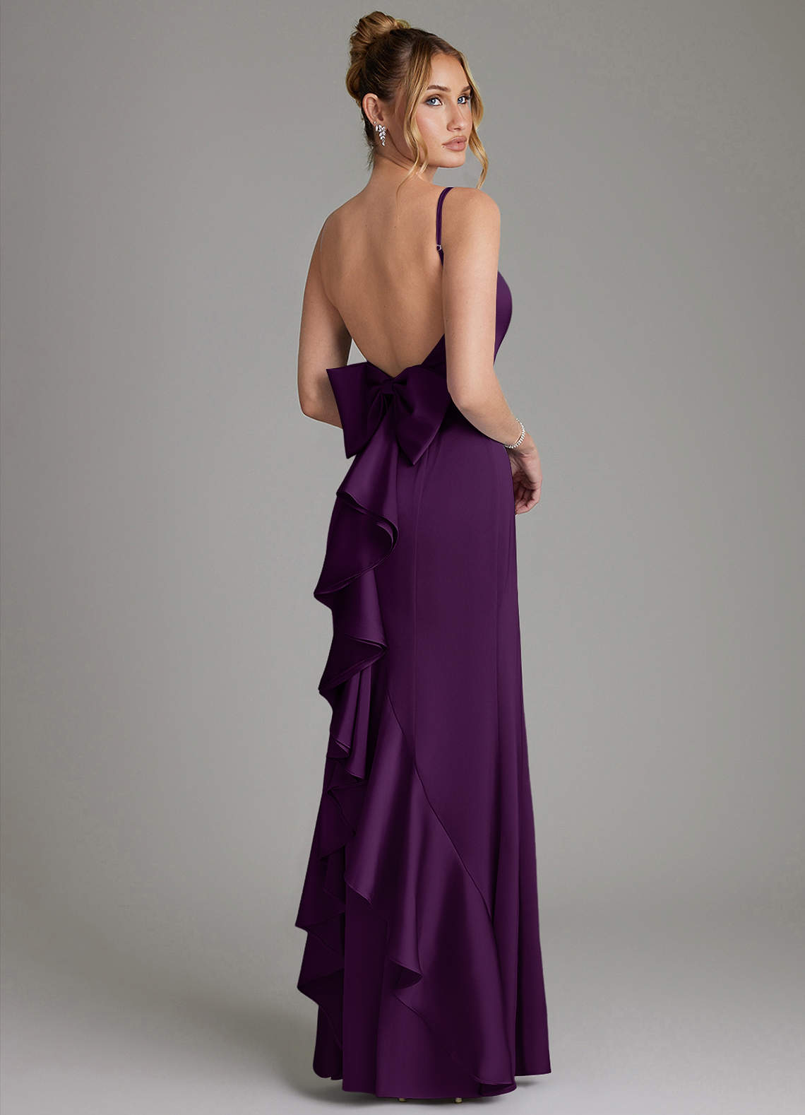 Zherra Mermaid Scoop-Neck Stretch Satin Bridesmaid Dress in Grape