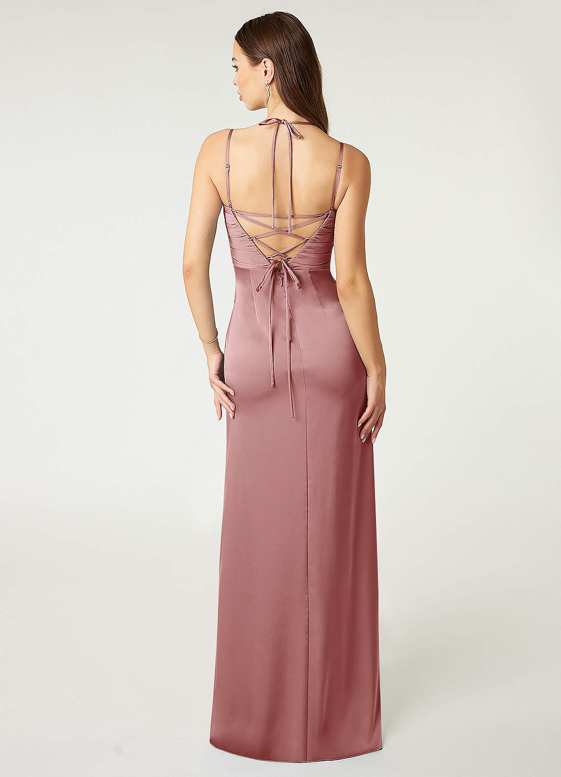 Desi Sheath Halter Stretch Satin Bridesmaid Dress in dusty rose