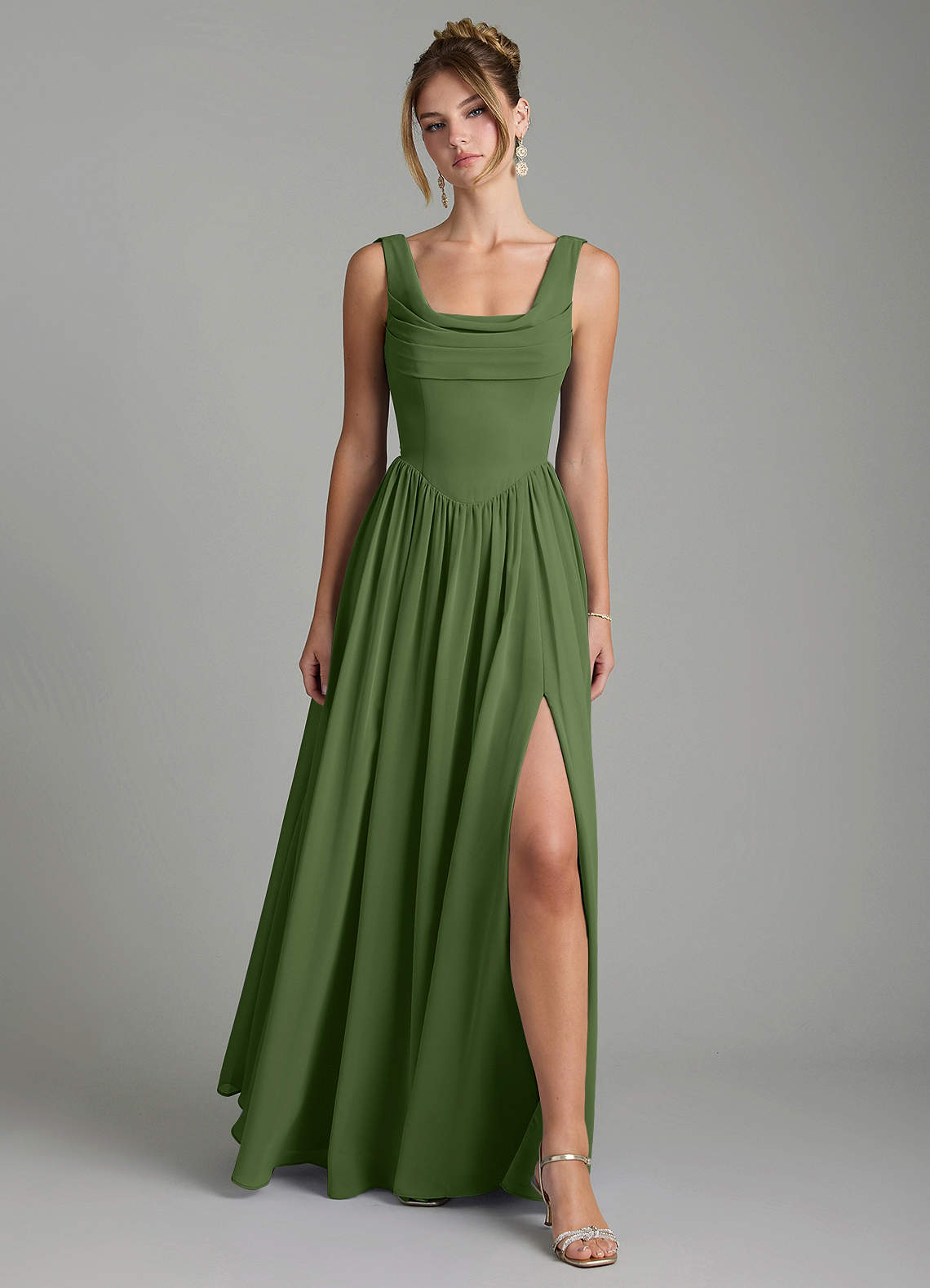 Novi A-Line Square-Neck Chiffon Bridesmaid Dress in Olive