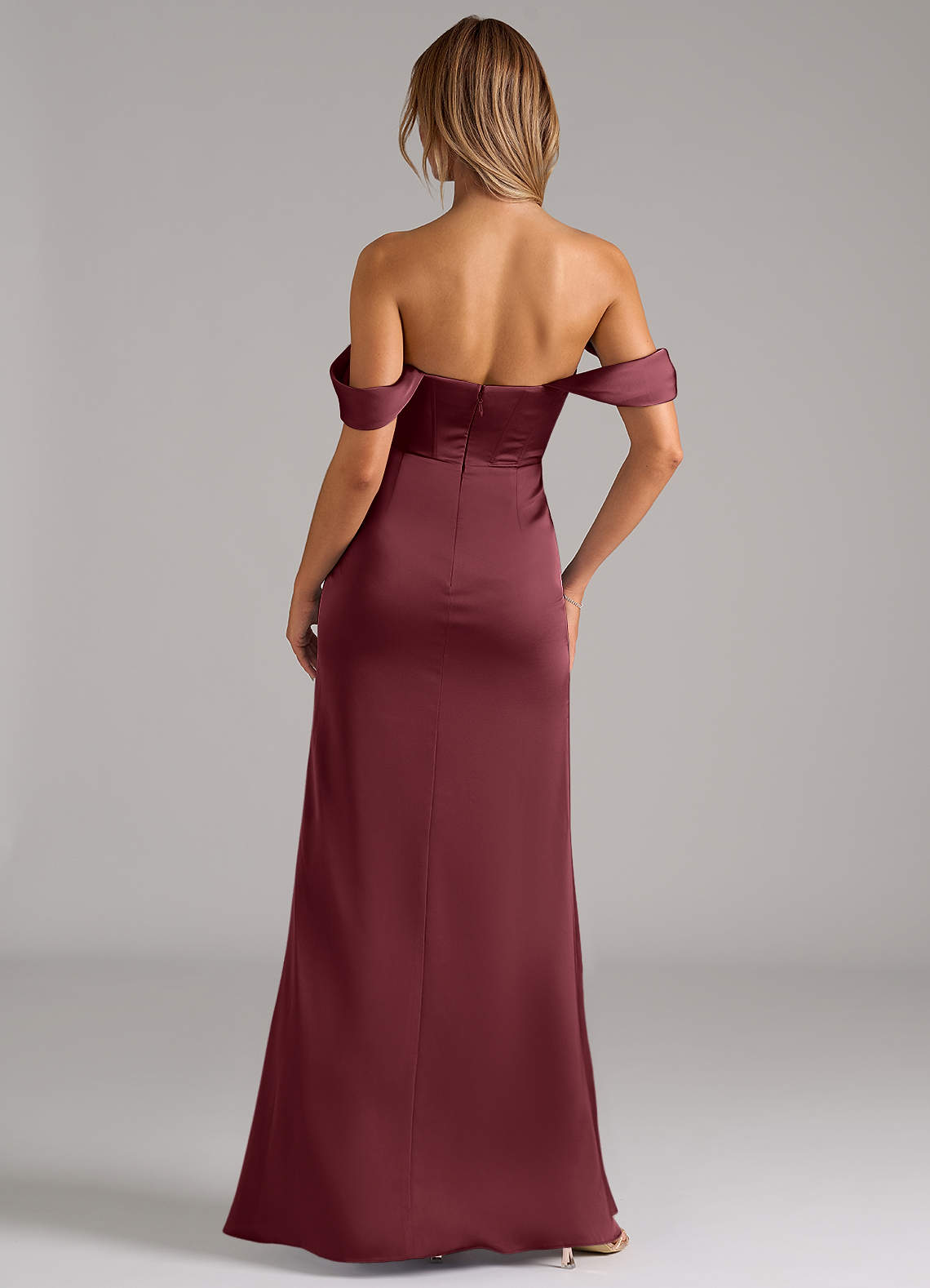 Johana Mermaid Off-the-Shoulder Stretch Satin Bridesmaid Dress in Merlot