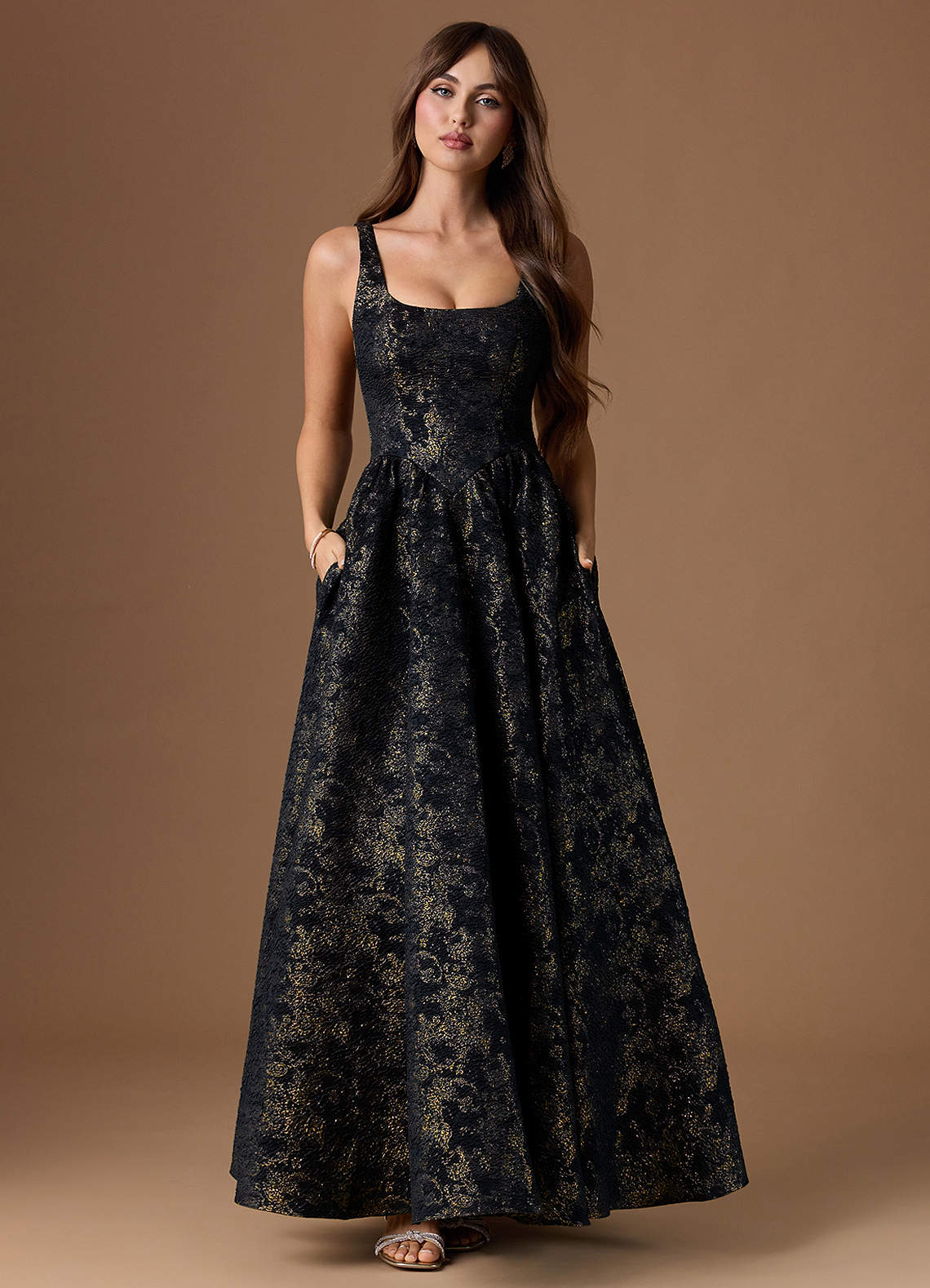 Bea A-Line Square-Neck Brocade Evening Dress in Gilded Midnight