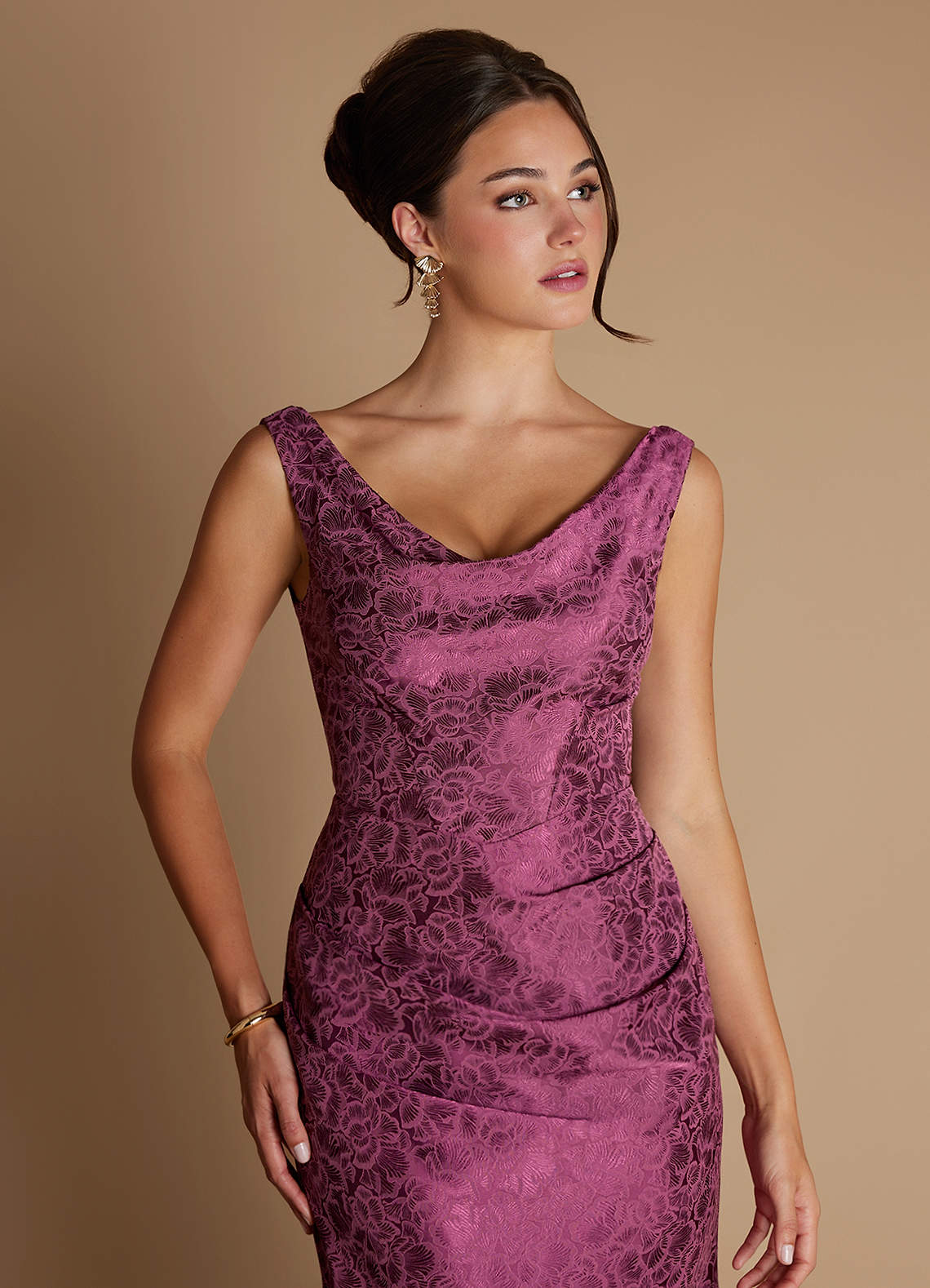 Kiana Mermaid Scoop-Neck Jacquard Wedding Guest Dress in Plum Purple
