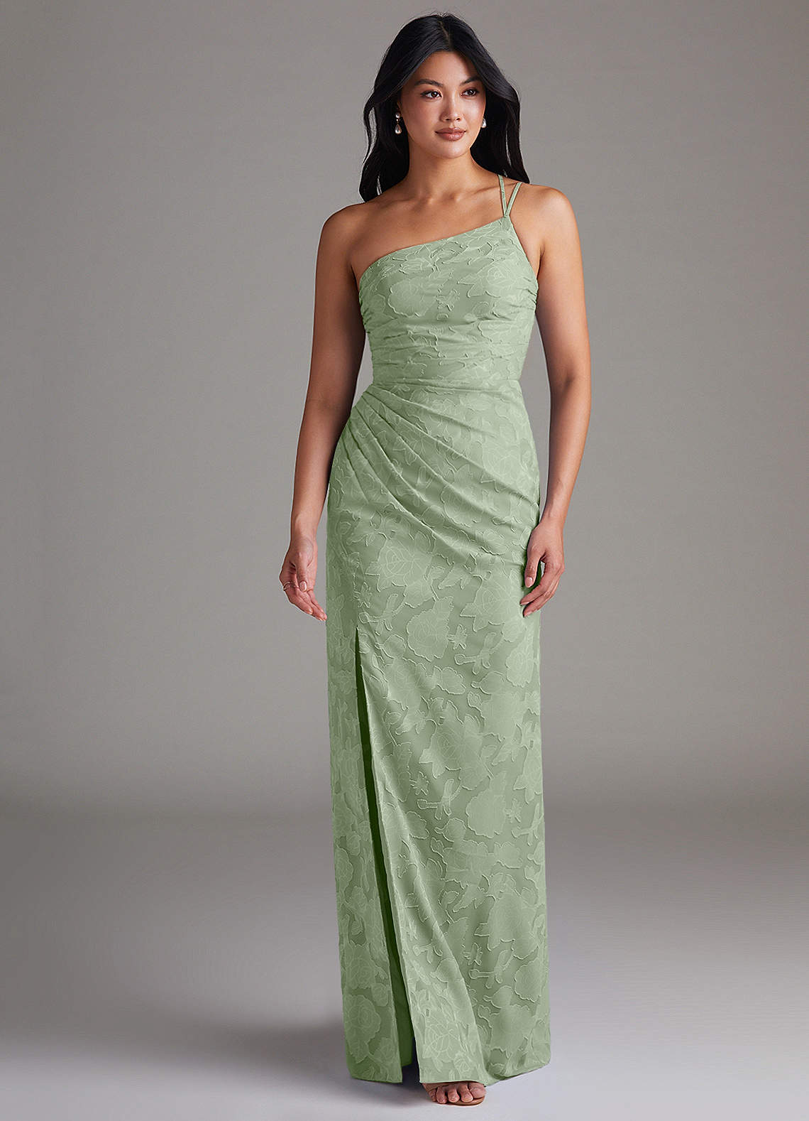 Eren Sheath One-Shoulder Floral Burnout Bridesmaid Dress in Dusty Sage