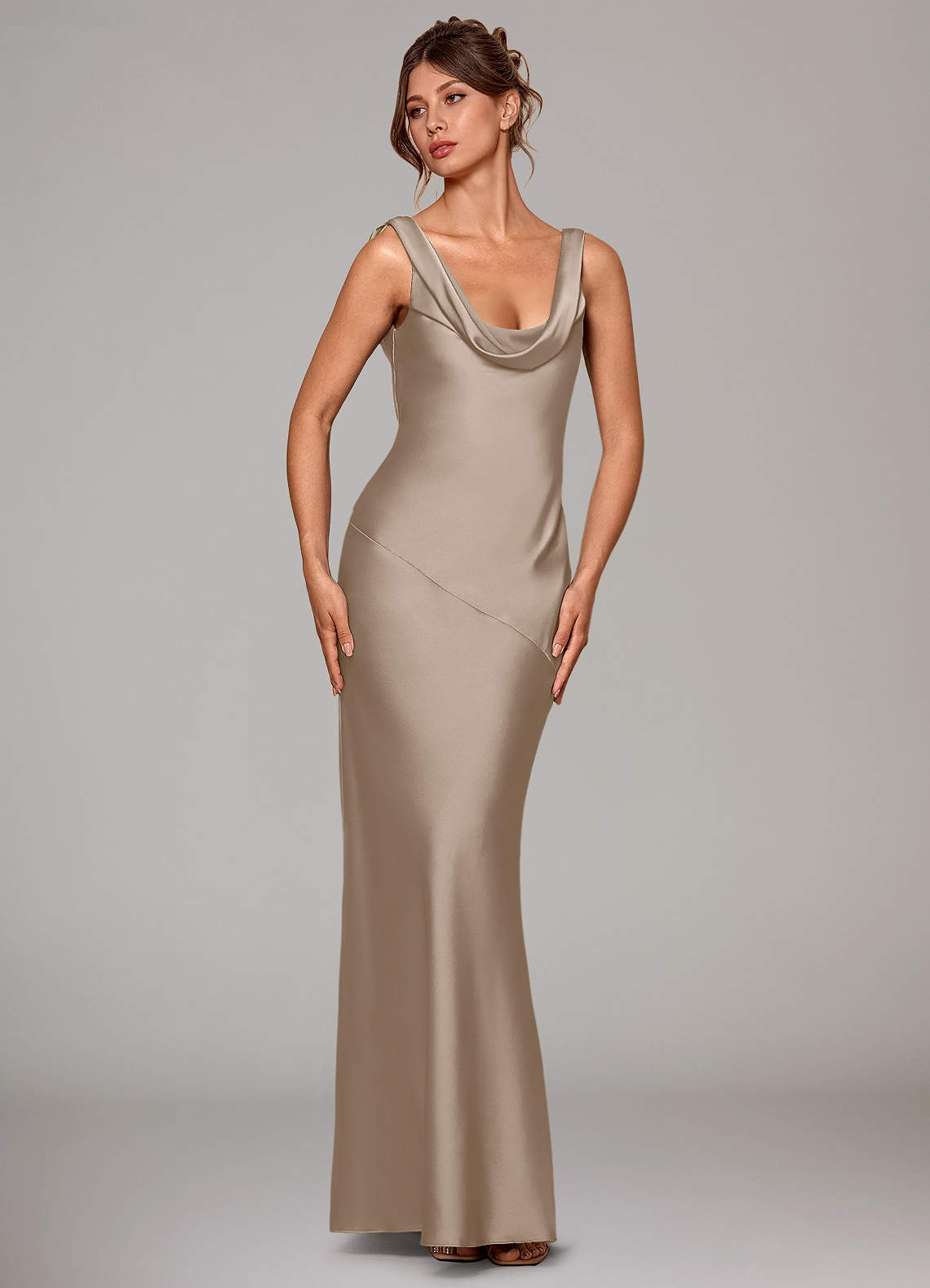Rylina Mermaid Cowl-Neck Stretch Satin Bridesmaid Dress in Taupe