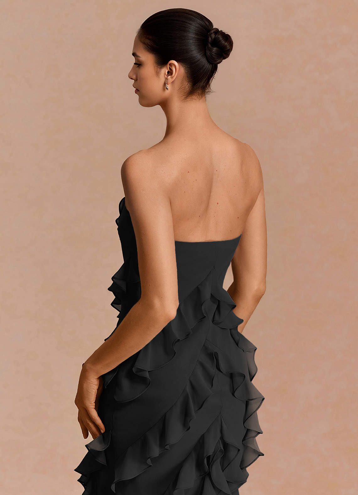 Eira A-Line Ruffle Chiffon Evening Dress in black