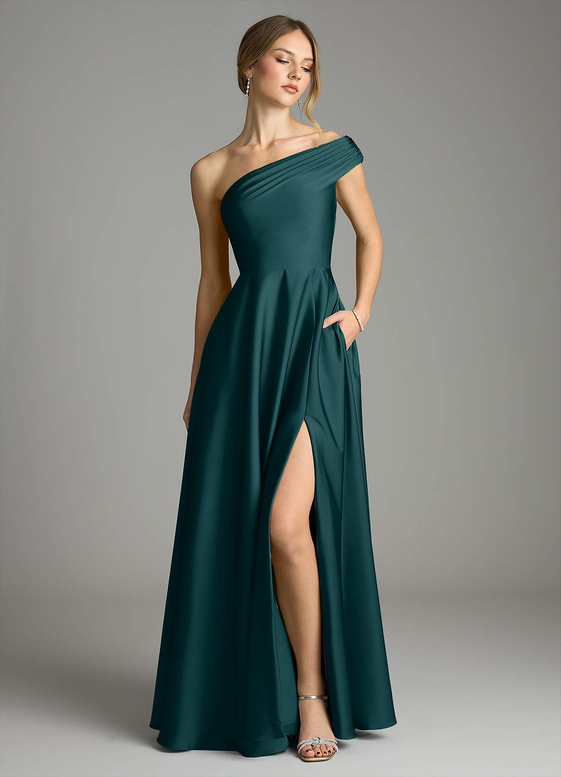 Melanie A-Line One-Shoulder Stretch Satin Bridesmaid Dress in Pine