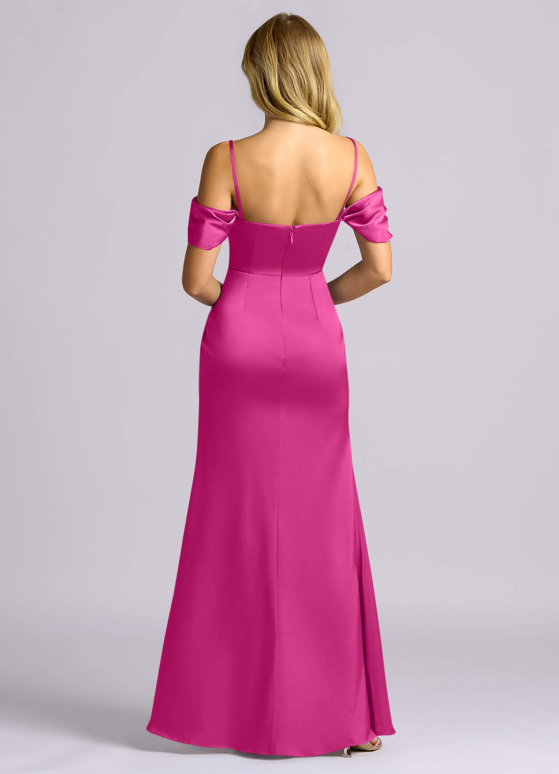 Auden Sheath Off-the-Shoulder Stretch Satin Bridesmaid Dress in Fuchsia