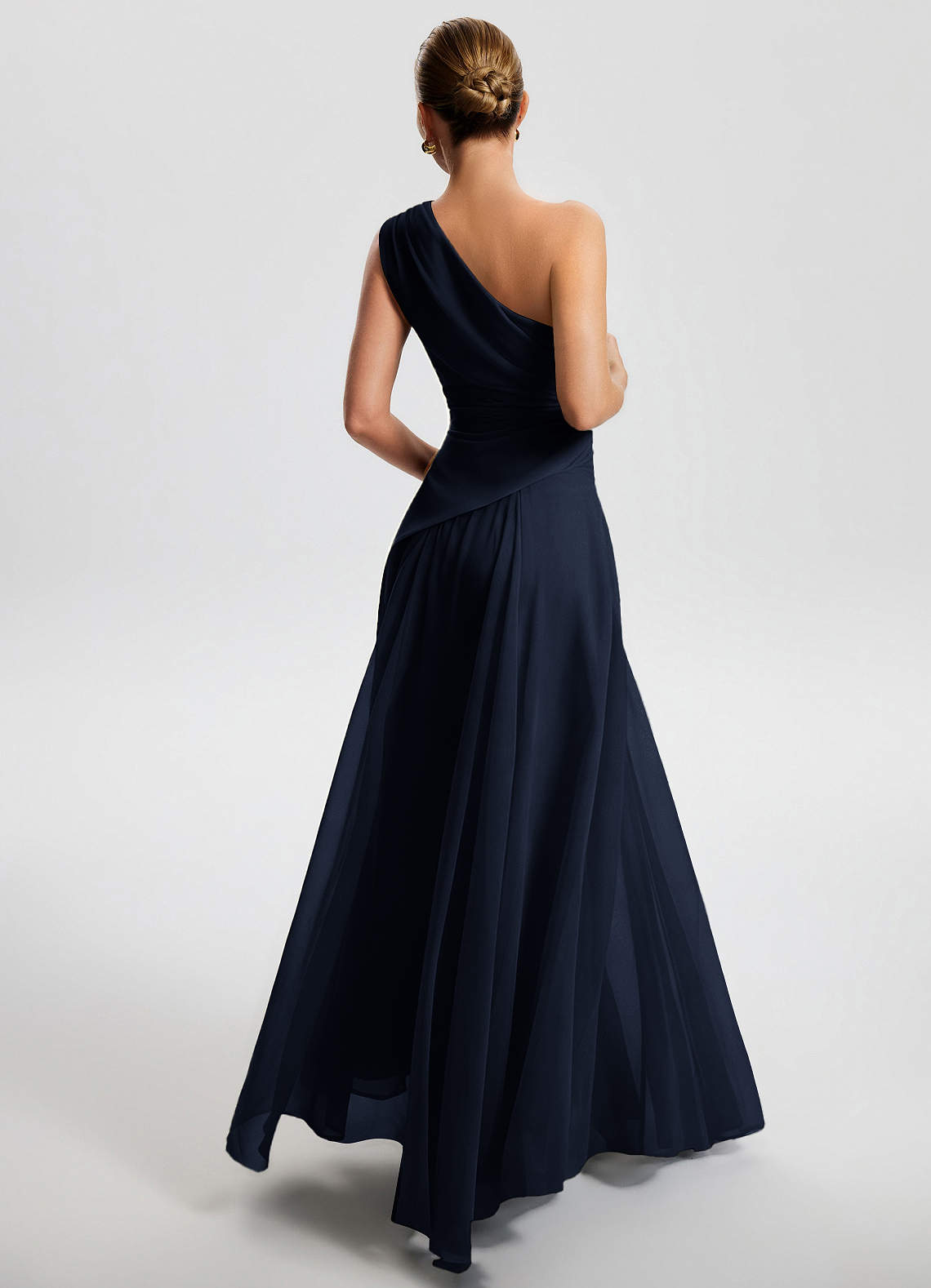 Sylvaine A-Line One-Shoulder Chiffon Wedding Guest Dress in Navy