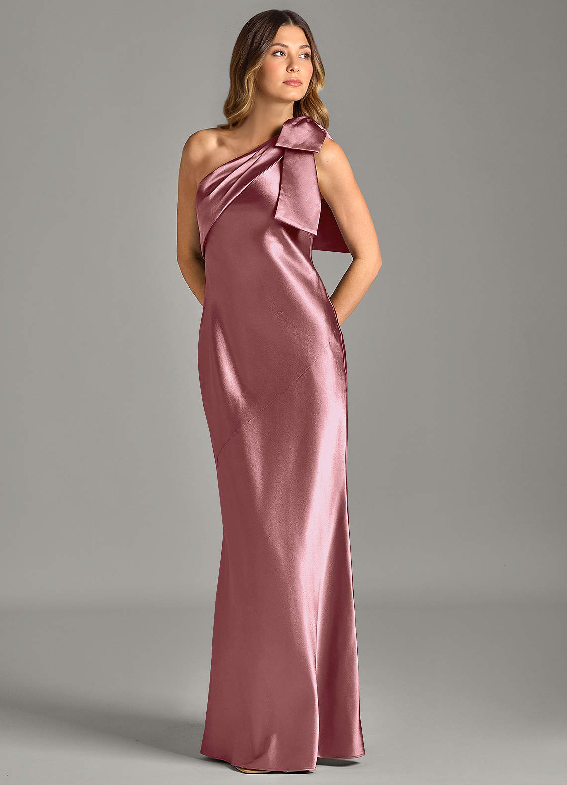 Yuanna Mermaid One-Shoulder Metallic Satin Bridesmaid Dress in Vintage Mauve