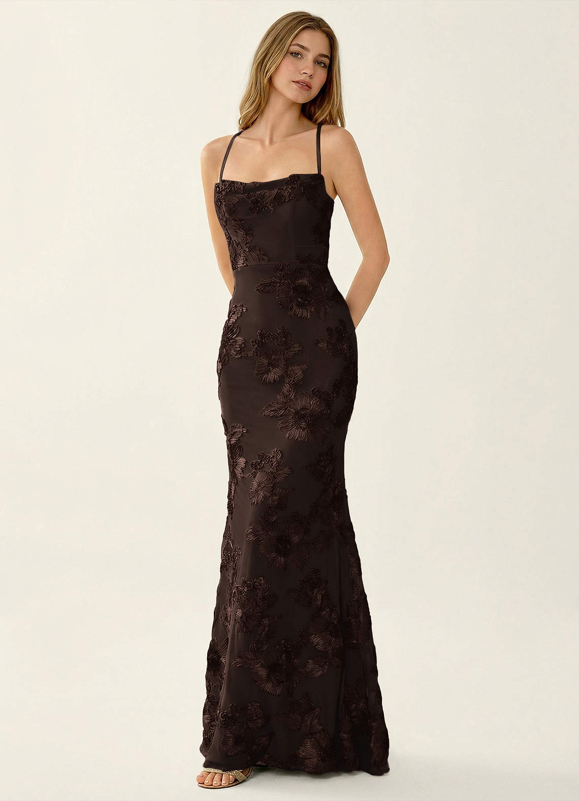Kailani Mermaid Spaghetti-Strap Lace Evening Dress in Coco