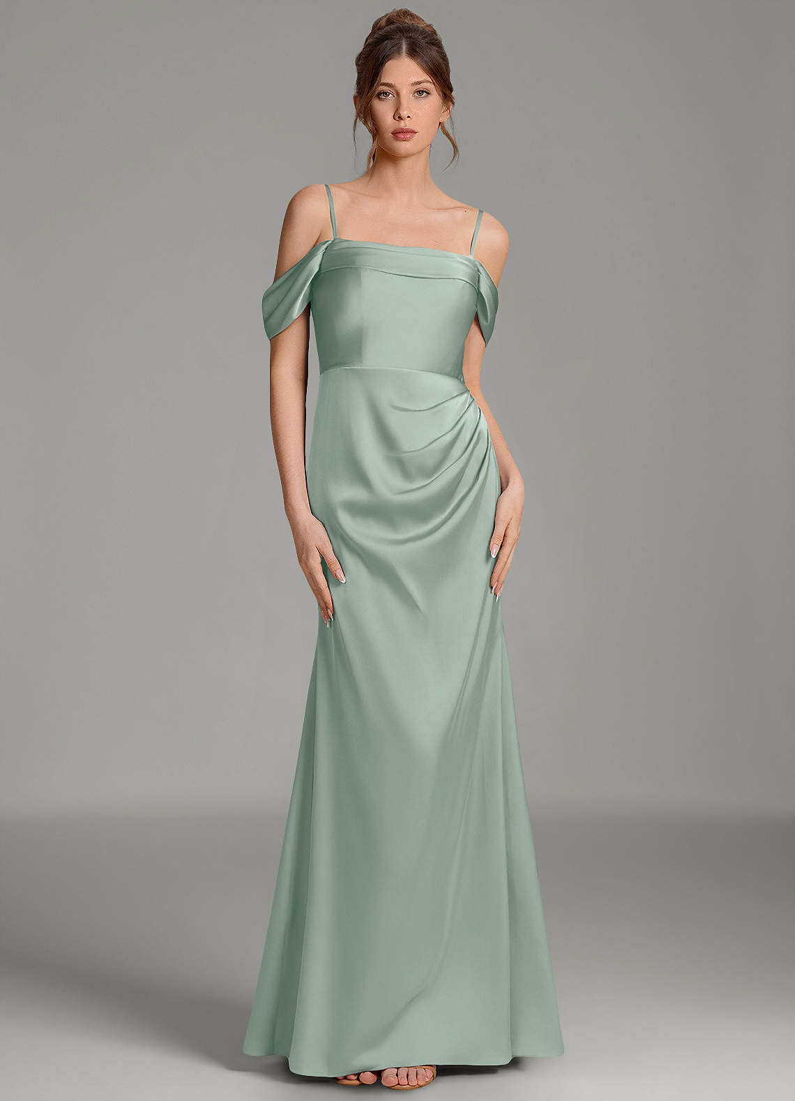 Wyatt Mermaid Off-the-Shoulder Stretch Satin Bridesmaid Dress in Agave