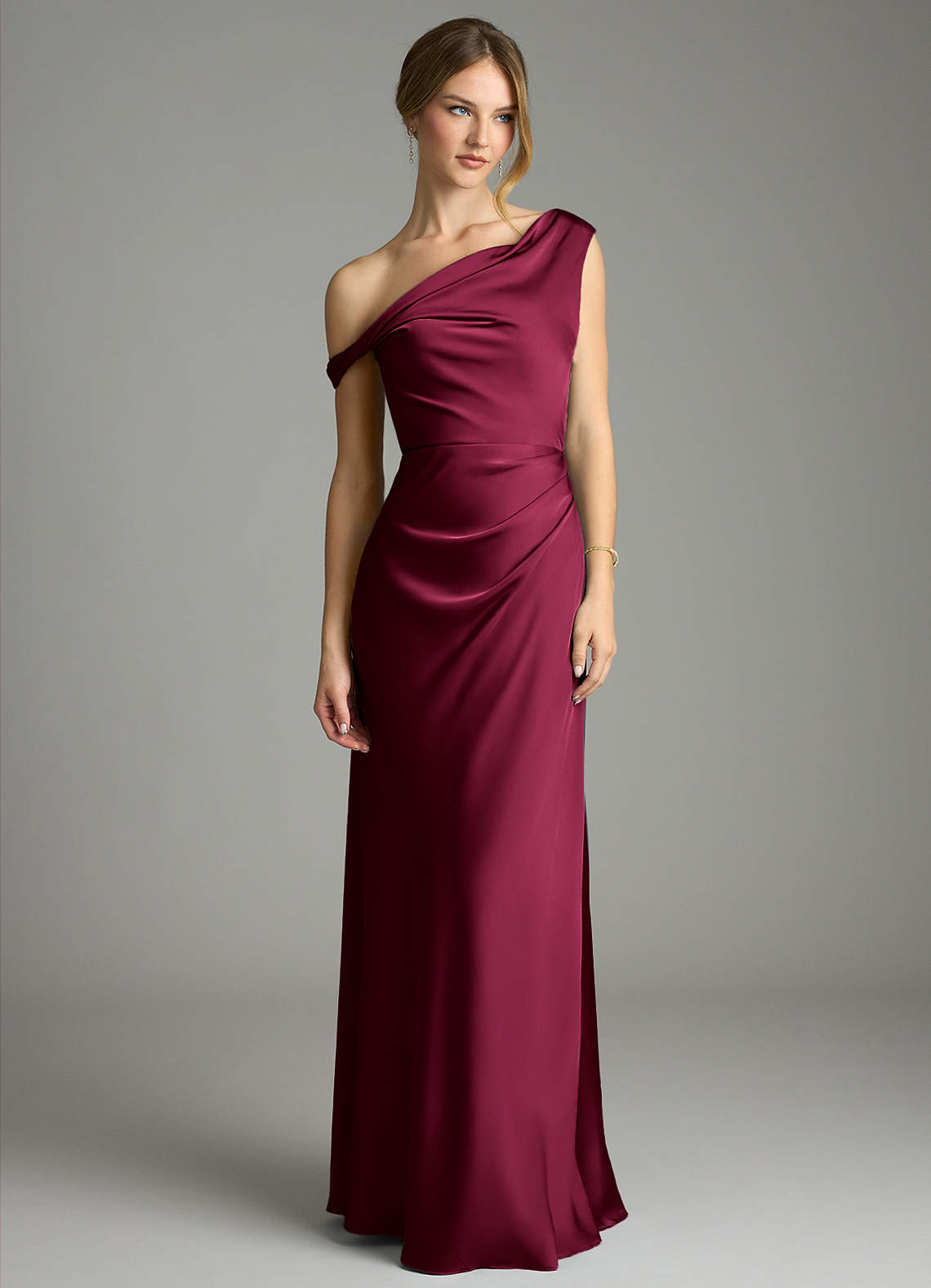 Emerson Mermaid One-Shoulder Stretch Satin Bridesmaid Dress in Burgundy