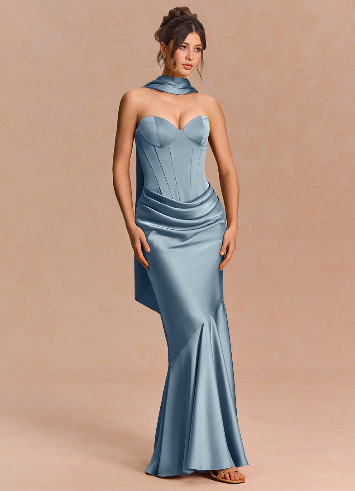 Euphemia Mermaid Strapless Stretch Satin Evening Dress in Powder Blue