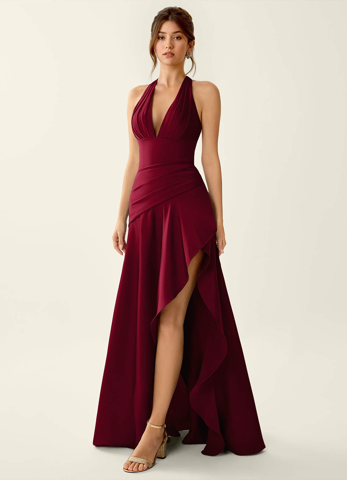 Titania Halter Asymmetric-Ruffle Satin Evening Dress in Pastel Yellow