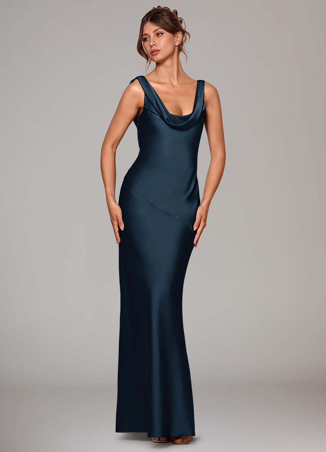 Rylina Mermaid Cowl-Neck Stretch Satin Bridesmaid Dress in Dark Navy