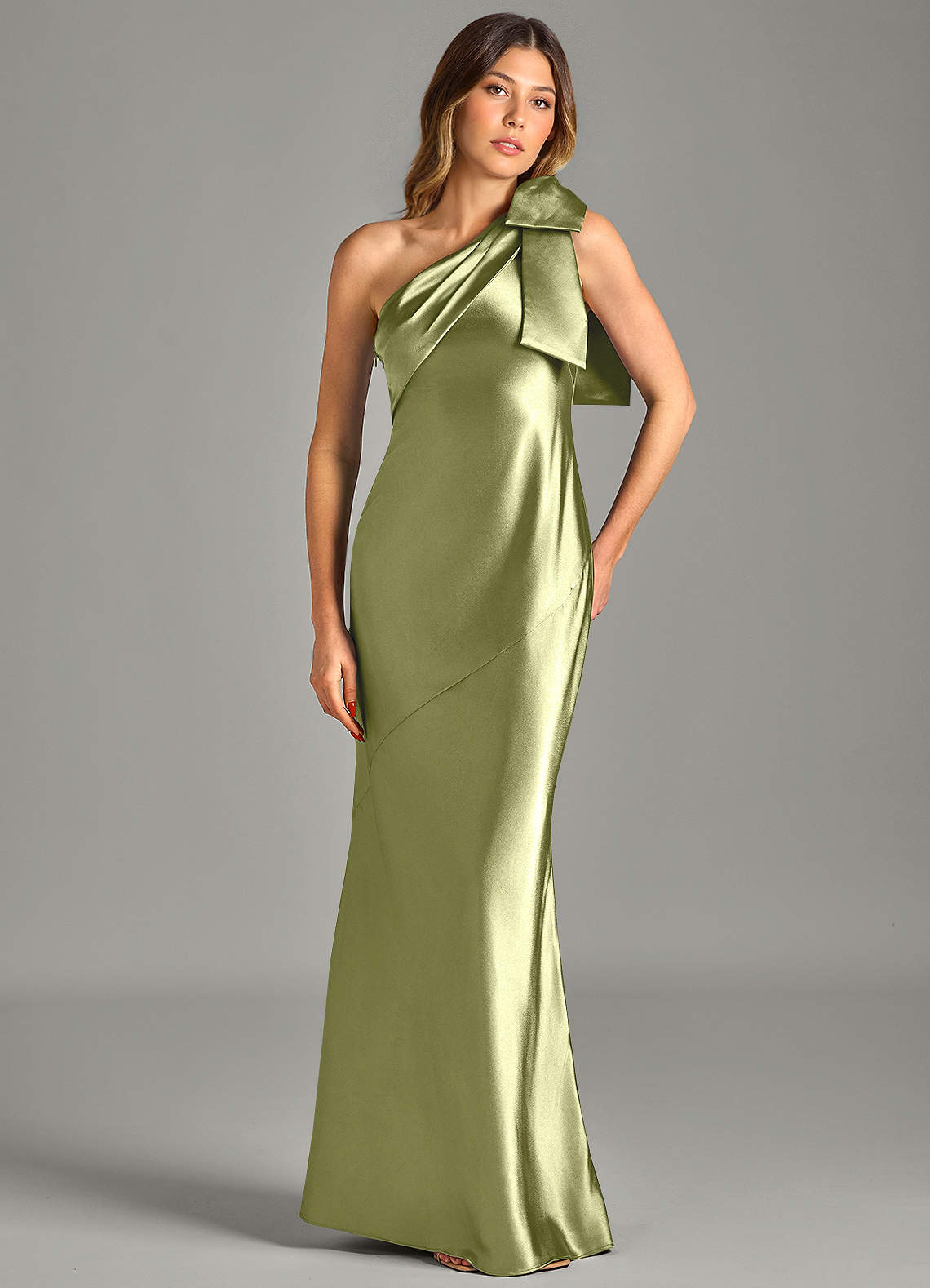 Yuanna Mermaid One-Shoulder Metallic Satin Bridesmaid Dress in Pistachio