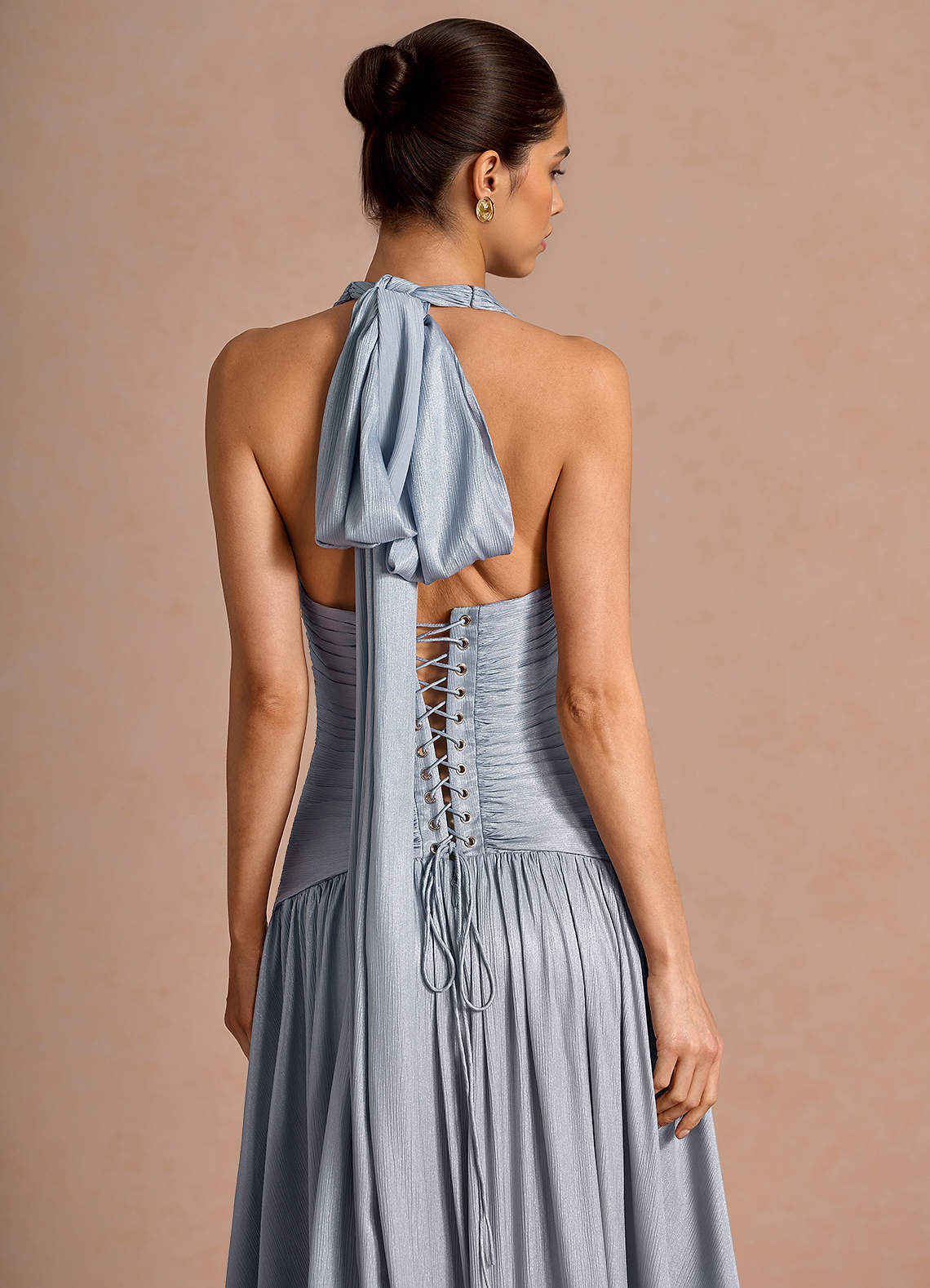 Hecate A-Line Halter Satin-Faced Chiffon Evening Dress in Blue Fog